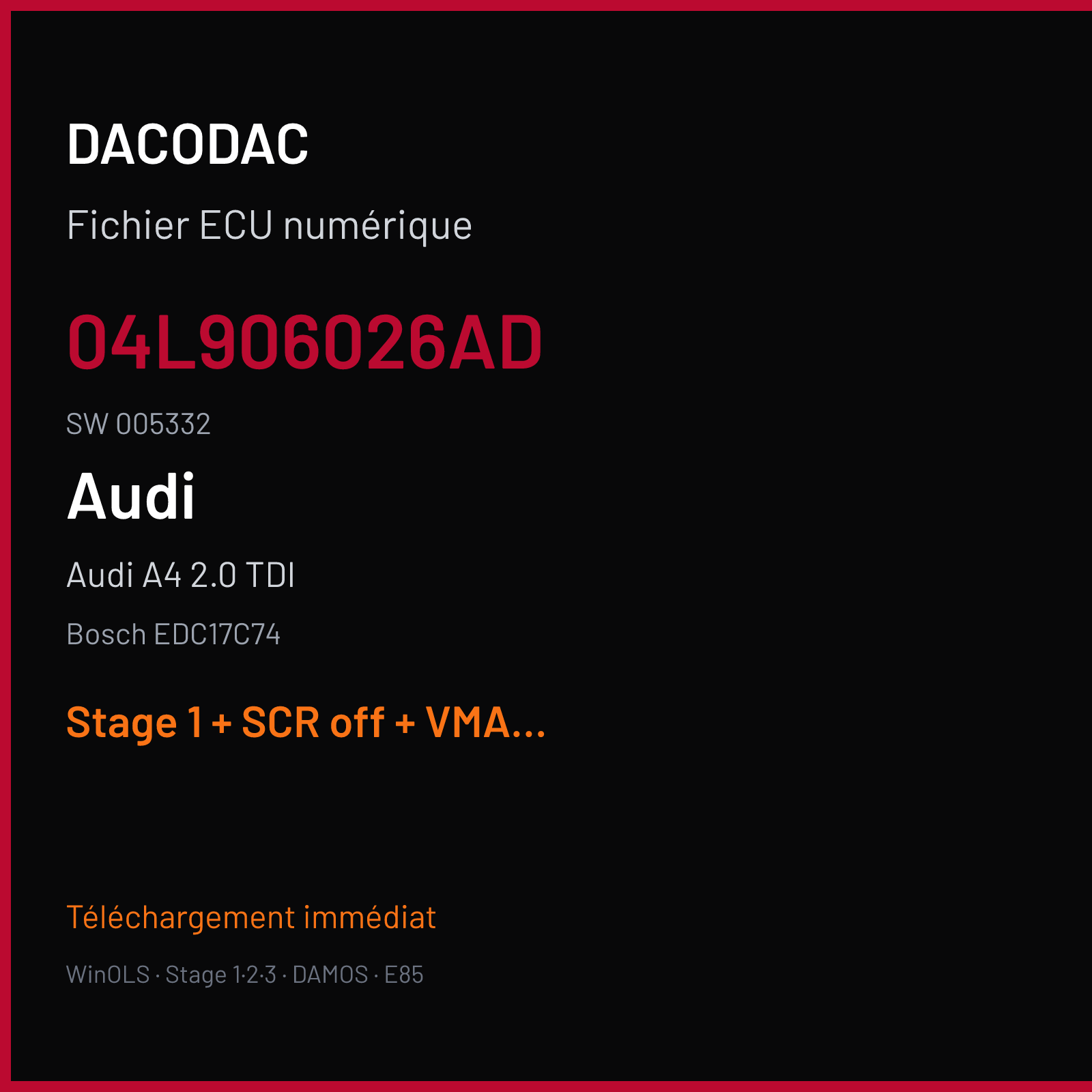 Audi A4 2.0 TDI (2016) — Bosch EDC17C74 — 04L906026AD · 005332 — Stage 1 + SCR off + VMAX off