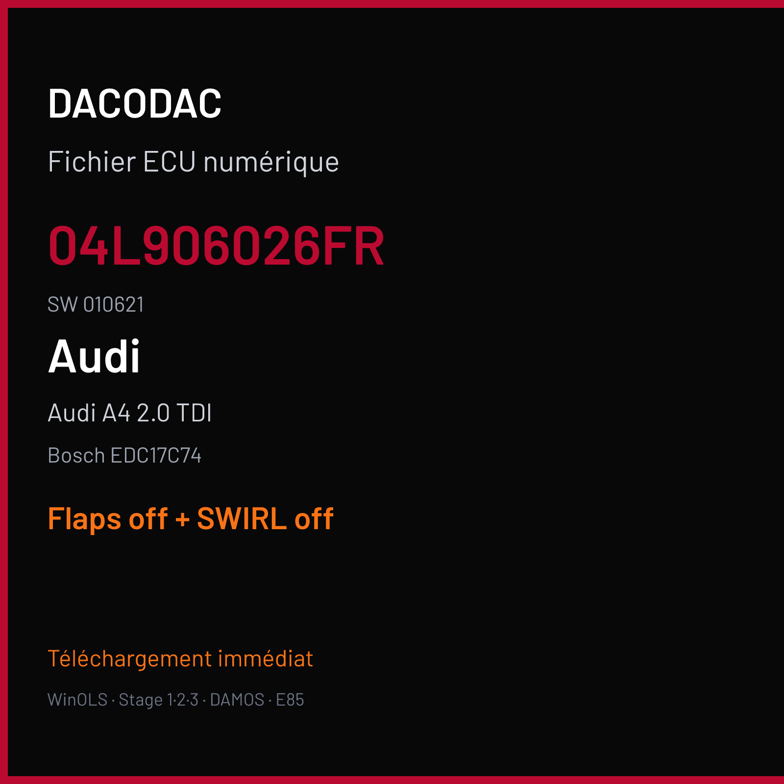 Audi A4 2.0 TDI (2008) — Bosch EDC17C74 — 04L906026FR · 010621 — Flaps off + SWIRL off