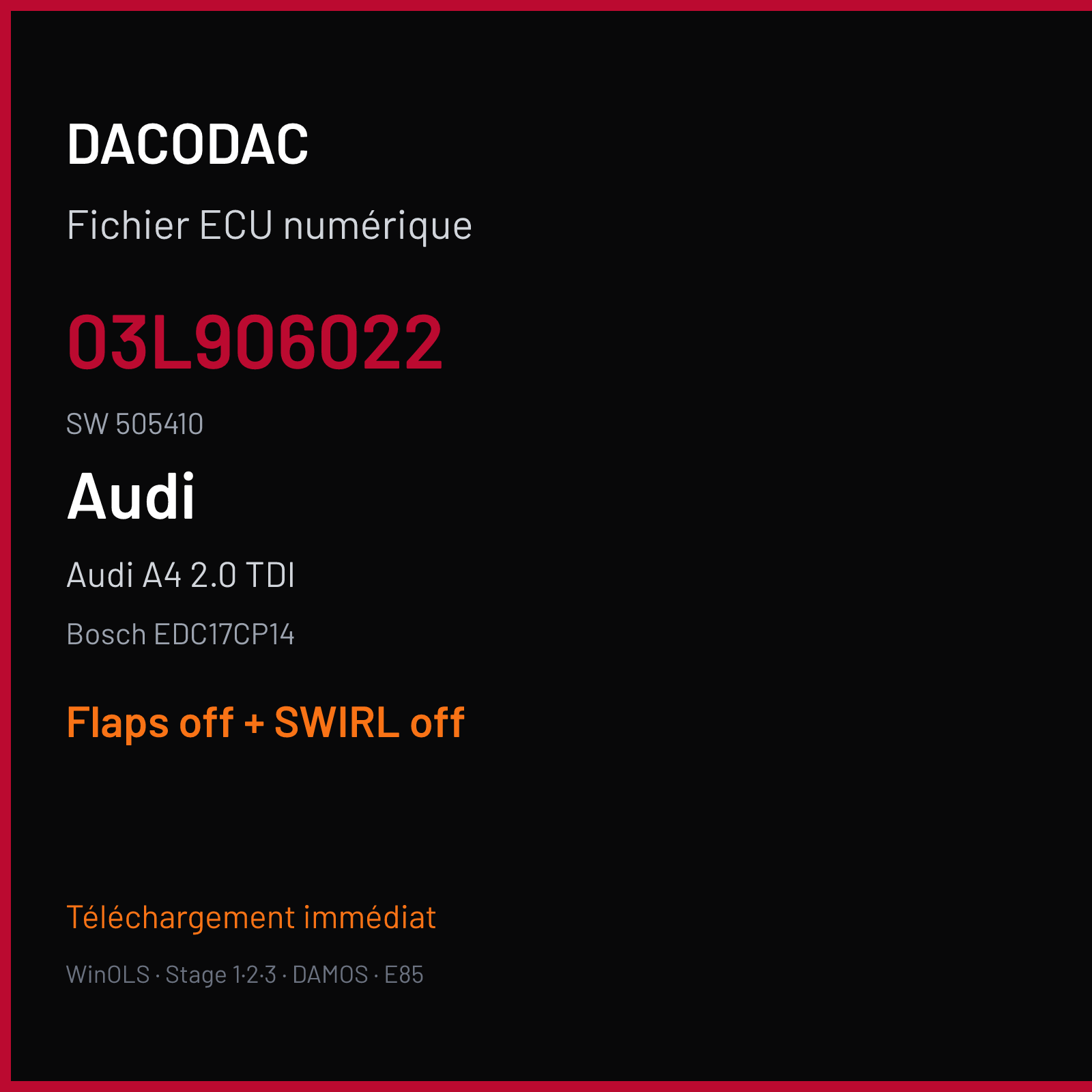 Audi A4 2.0 TDI — Bosch EDC17CP14 — 03L906022 · 505410 — Flaps off + SWIRL off