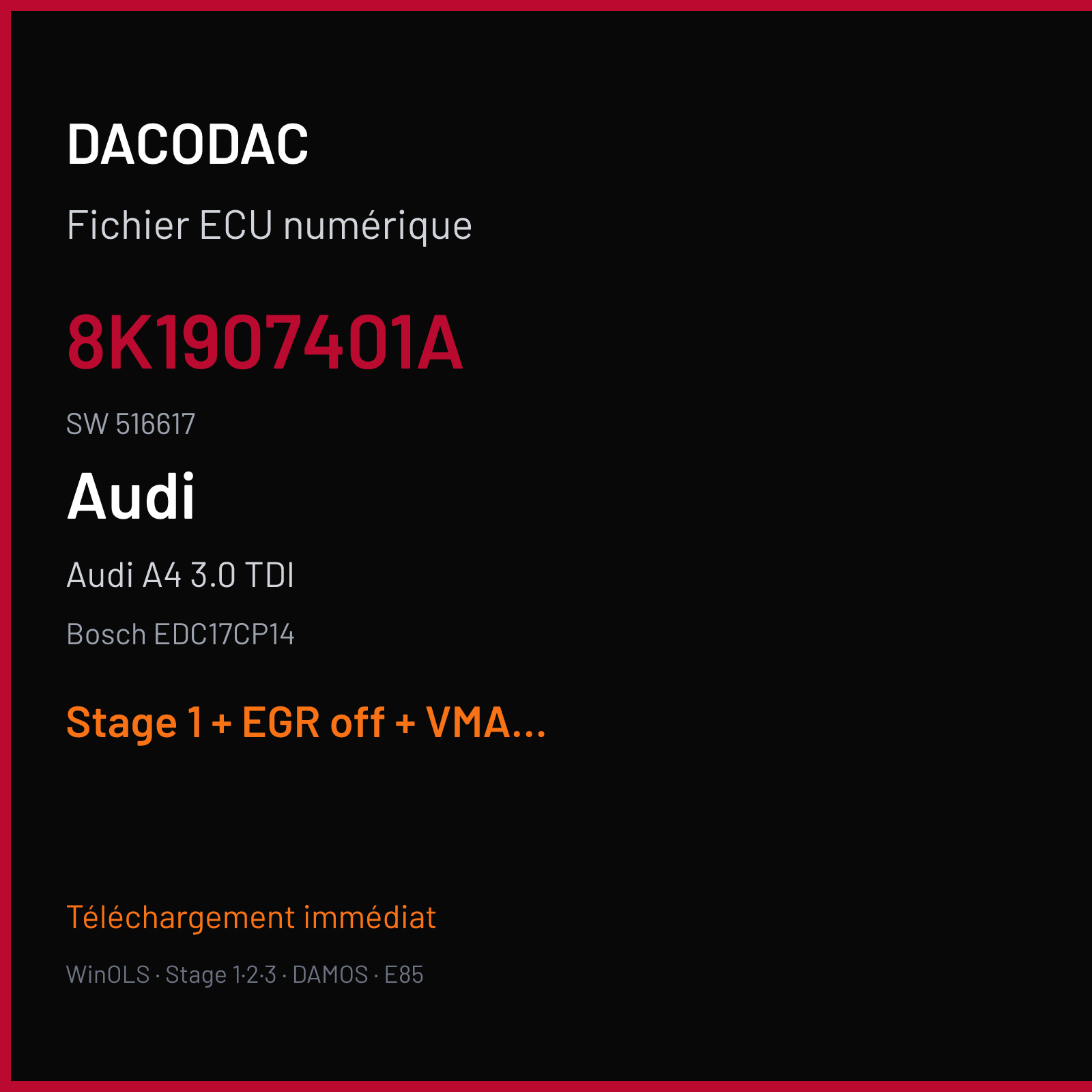 Audi A4 3.0 TDI (2009) — Bosch EDC17CP14 — 8K1907401A · 516617 — Stage 1 + EGR off + VMAX off