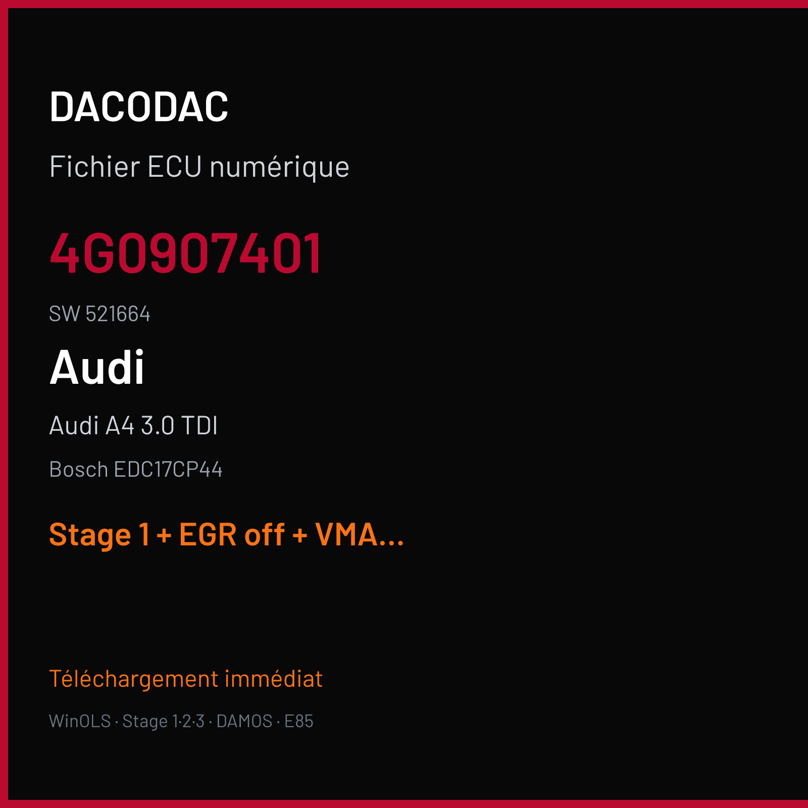 Audi A4 3.0 TDI (2014) — Bosch EDC17CP44 — 4G0907401 · 521664 — Stage 1 + EGR off + VMAX off