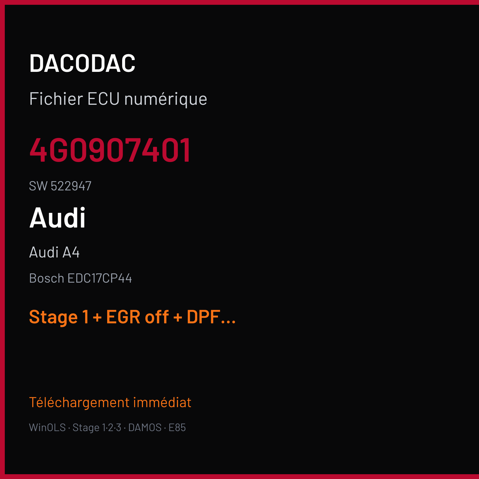 Audi A4 3.0 TDI — Bosch EDC17CP44 — 4G0907401 · 522947 — Stage 1 + EGR off + DPF off + VMAX off