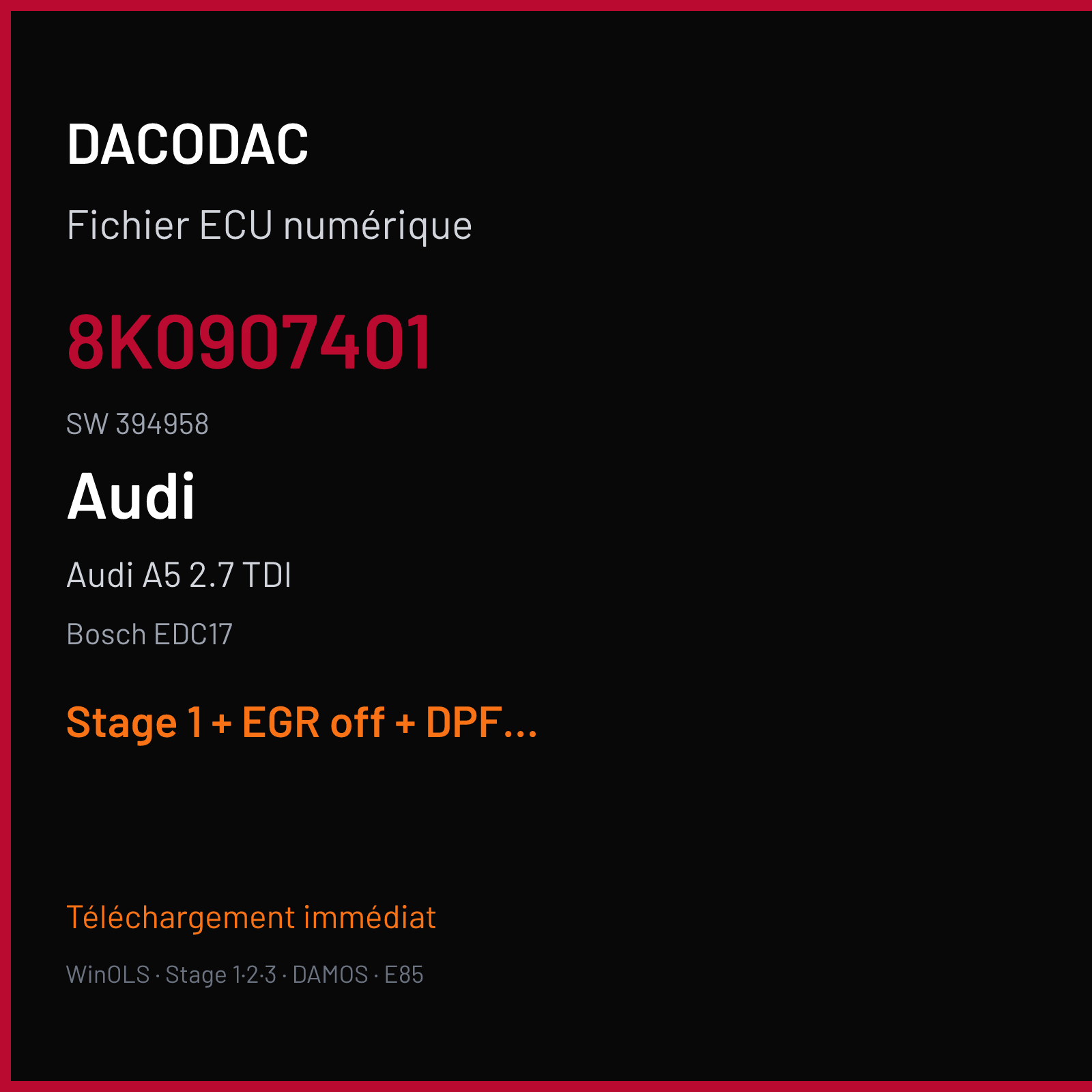 Audi A5 2.7 TDI (2008) — Bosch EDC17 — 8K0907401 · 394958 — Stage 1 + EGR off + DPF off + VMAX off