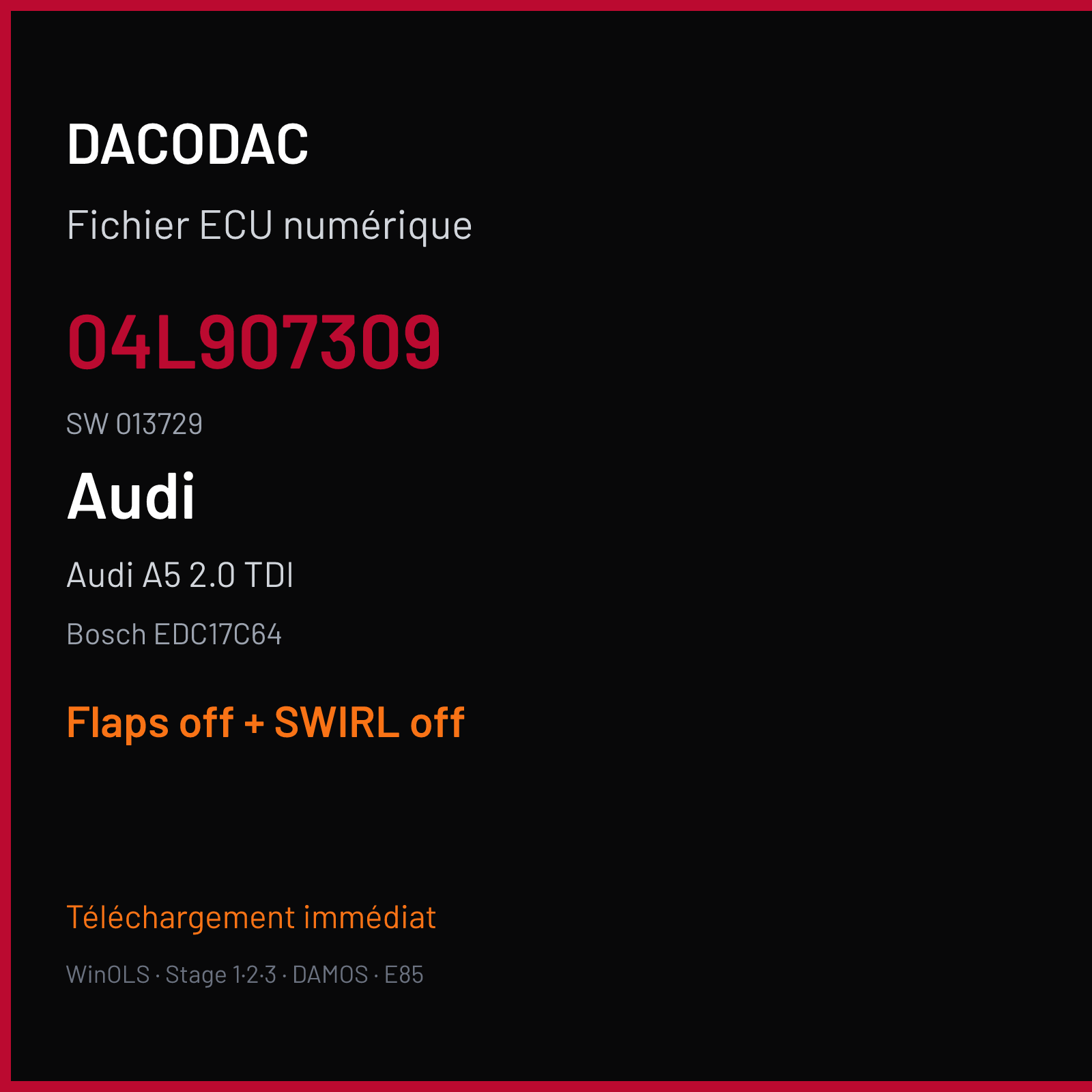 Audi A5 2.0 TDI (2015) — Bosch EDC17C64 — 04L907309 · 013729 — Flaps off + SWIRL off
