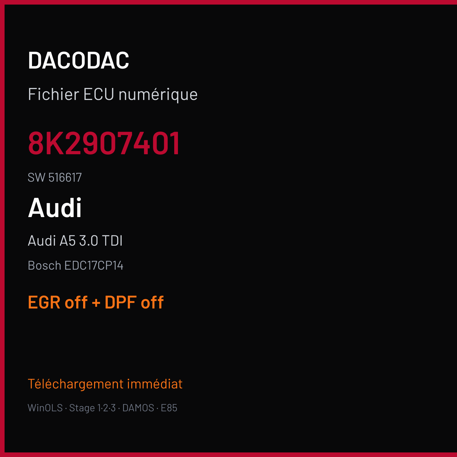 Audi A5 3.0 TDI (2008) — Bosch EDC17CP14 — 8K2907401 · 516617 — EGR off + DPF off