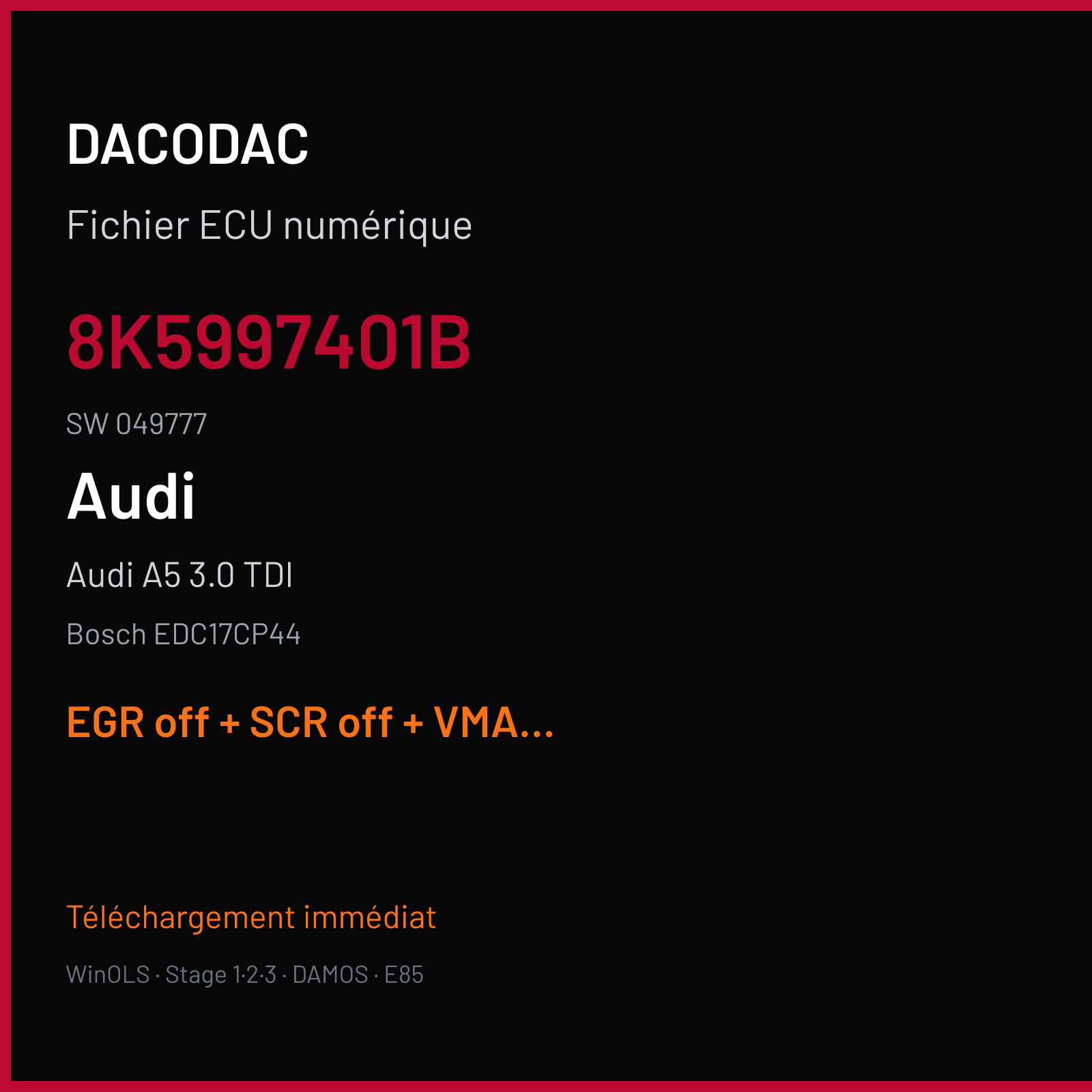 Audi A5 3.0 TDI — Bosch EDC17CP44 — 8K5997401B · 049777 — EGR off + SCR off + VMAX off