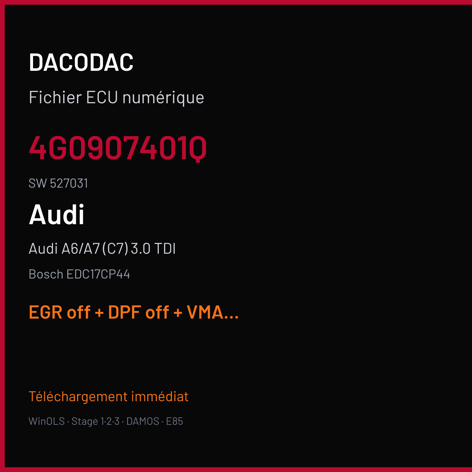 Audi A6/A7 (C7) 3.0 TDI — Bosch EDC17CP44 — 4G0907401Q · 527031 — EGR off + DPF off + VMAX off
