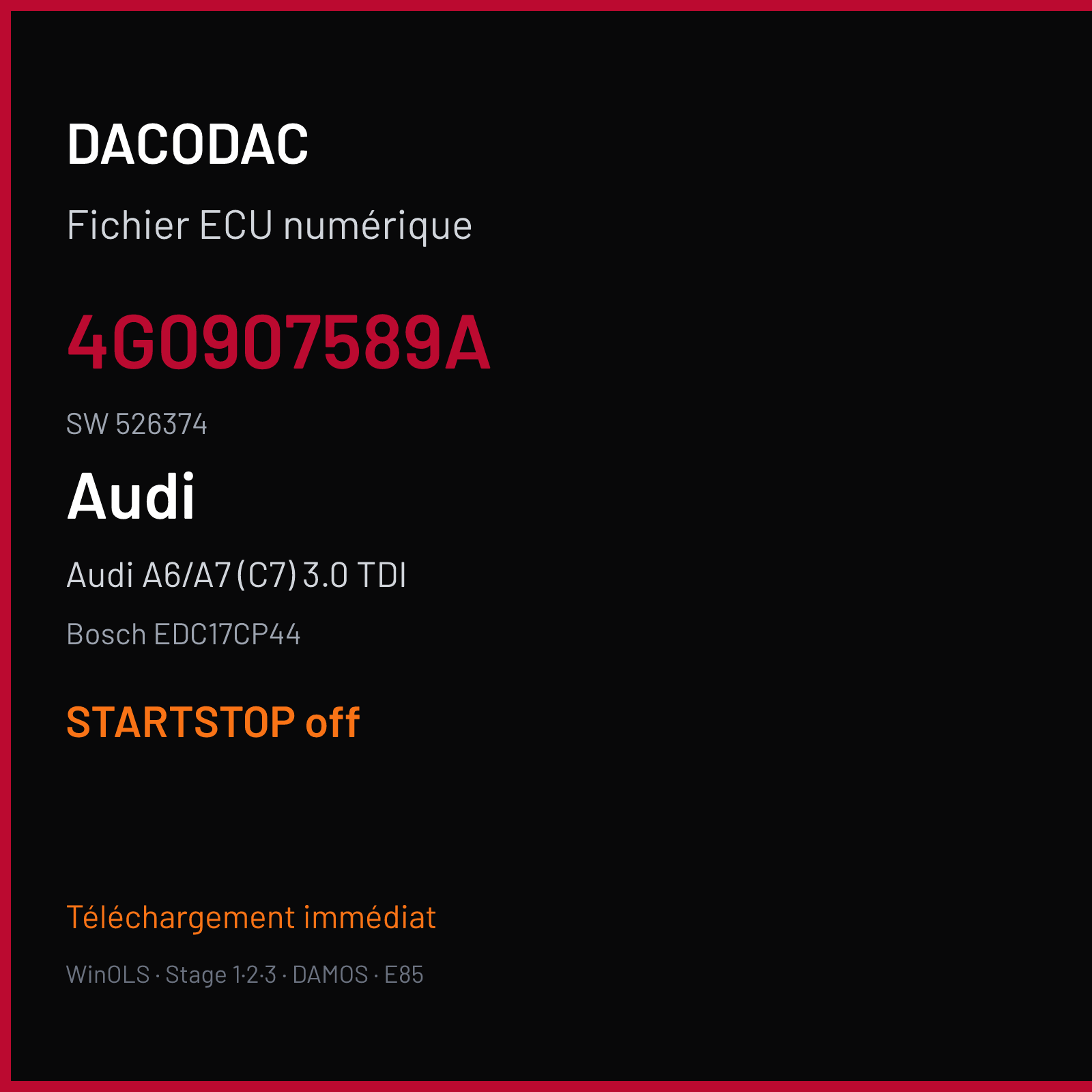 Audi A6/A7 (C7) 3.0 TDI (2012) — Bosch EDC17CP44 — 4G0907589A · 526374 — STARTSTOP off