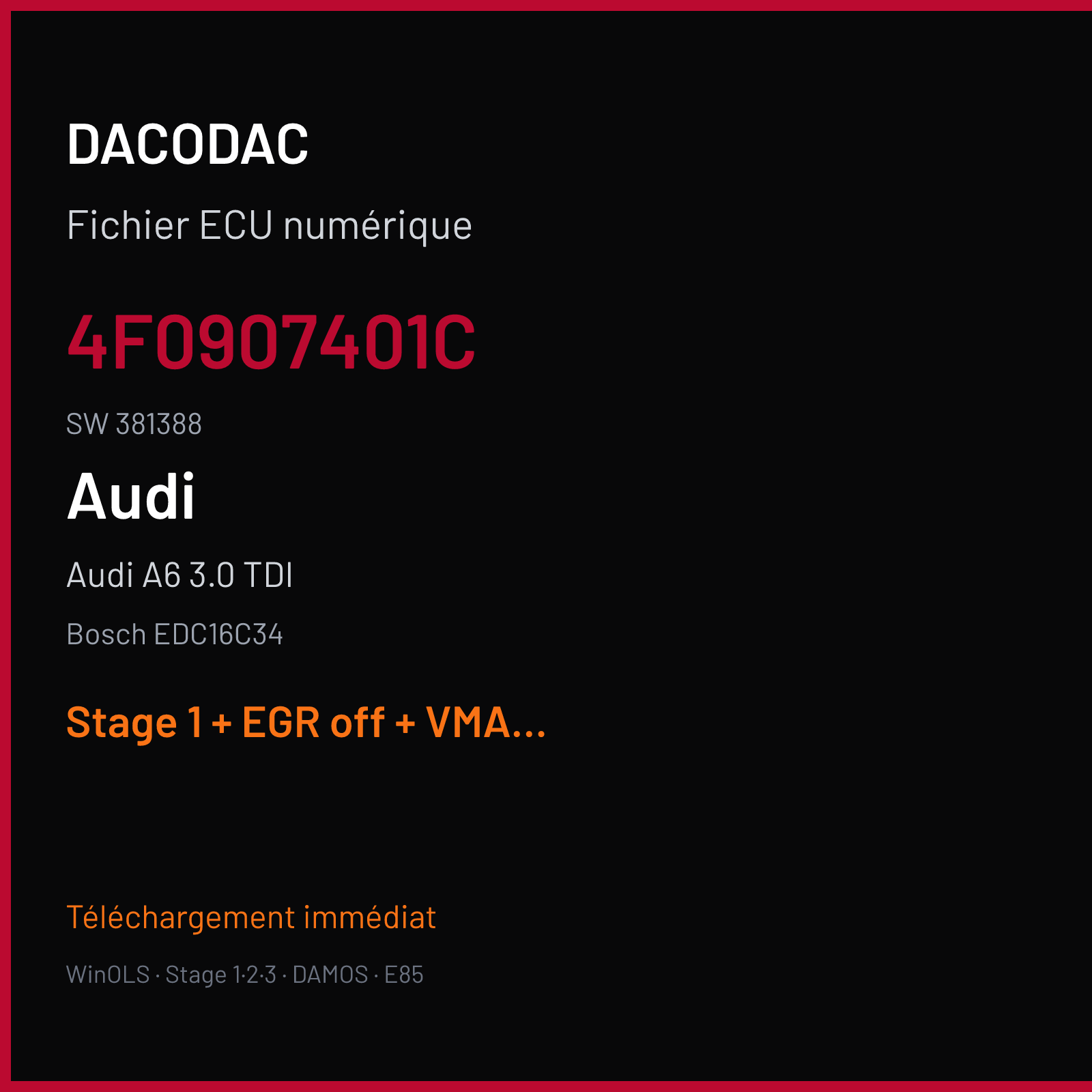 Audi A6 3.0 TDI (2006) — Bosch EDC16C34 — 4F0907401C · 381388 — Stage 1 + EGR off + VMAX off