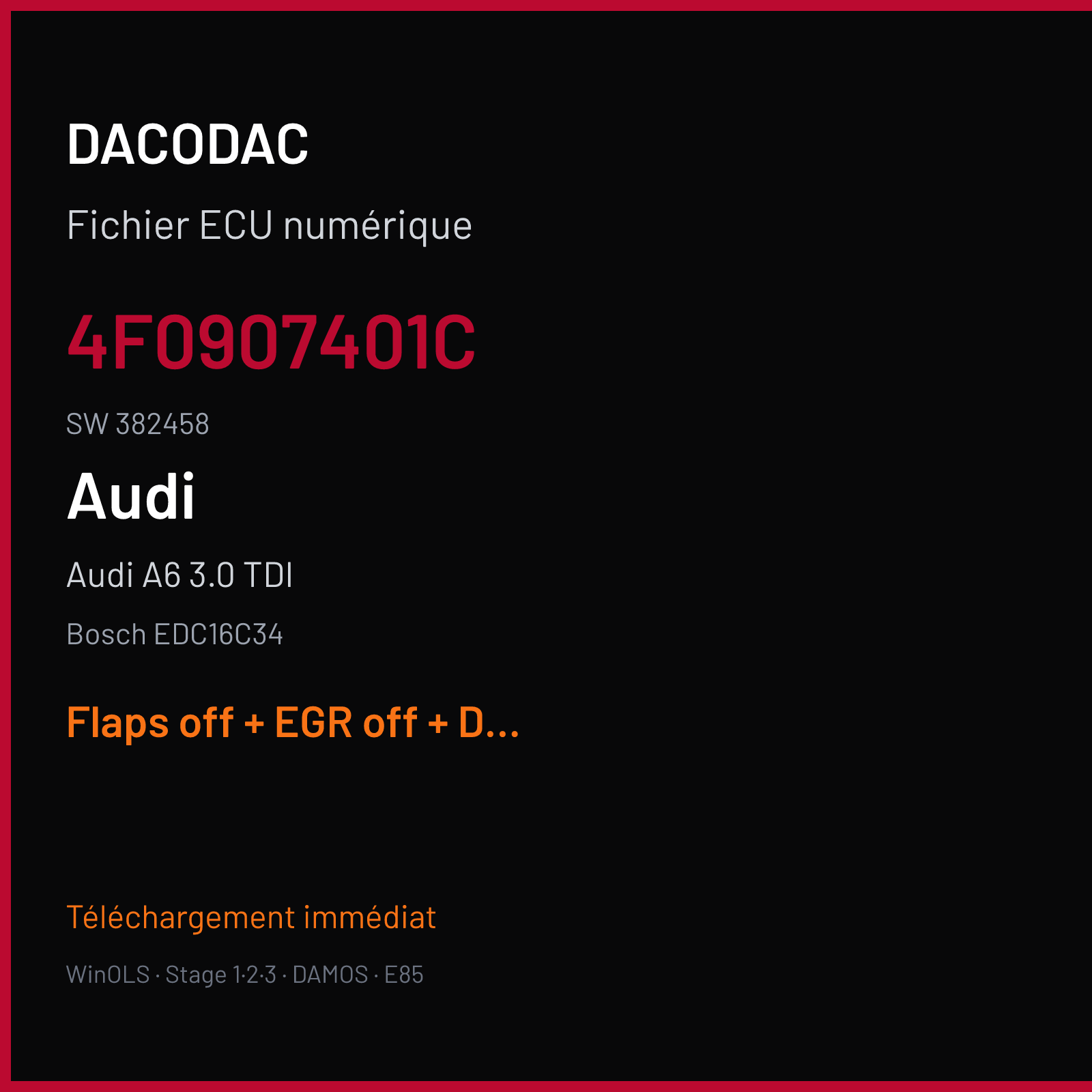 Audi A6 3.0 TDI — Bosch EDC16C34 — 4F0907401C · 382458 — Flaps off + EGR off + DPF off