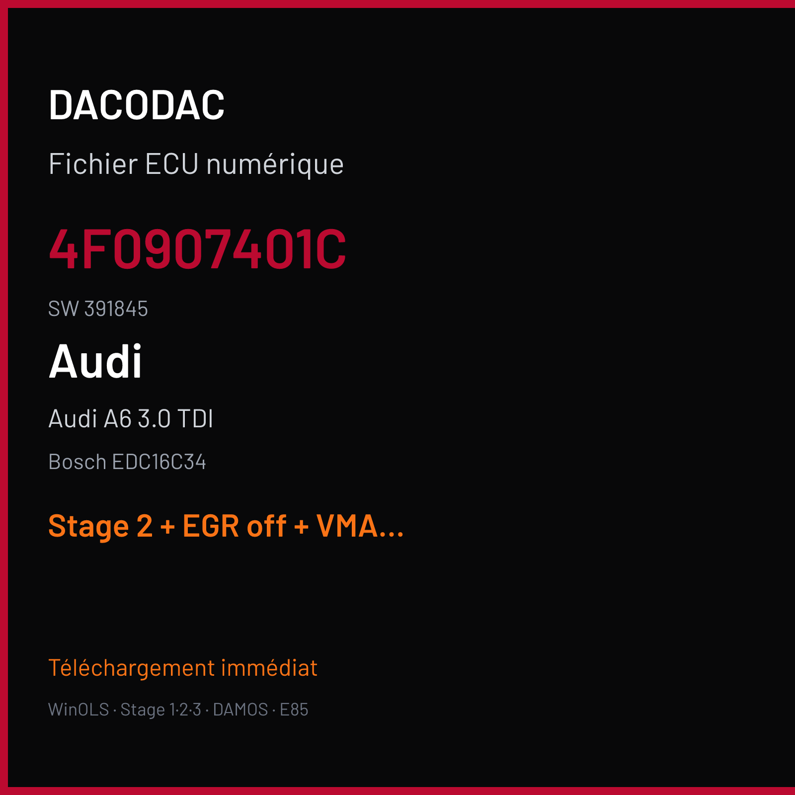 Audi A6 3.0 TDI (2006) — Bosch EDC16C34 — 4F0907401C · 391845 — Stage 2 + EGR off + VMAX off