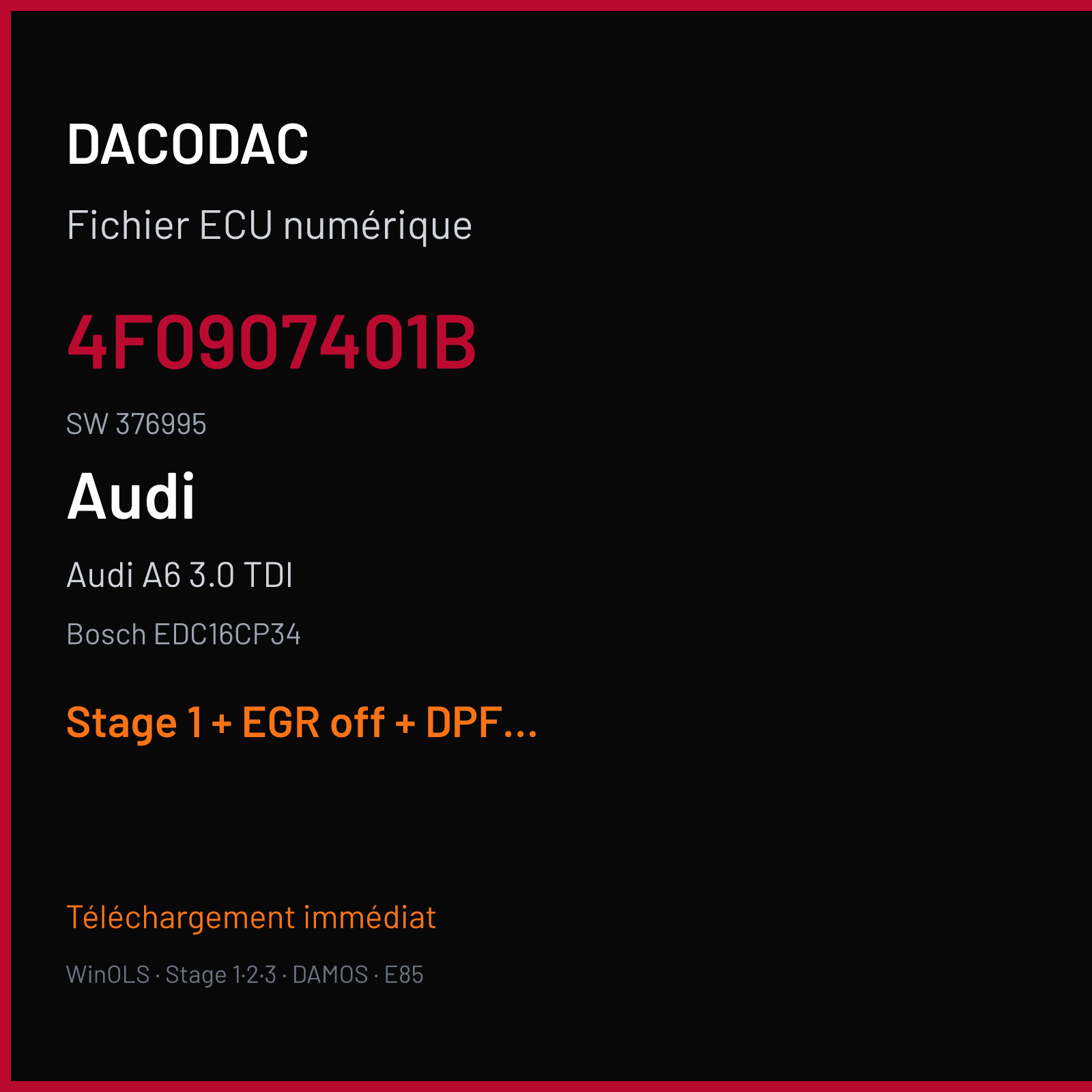 Audi A6 3.0 TDI — Bosch EDC16CP34 — 4F0907401B · 376995 — Stage 1 + EGR off + DPF off