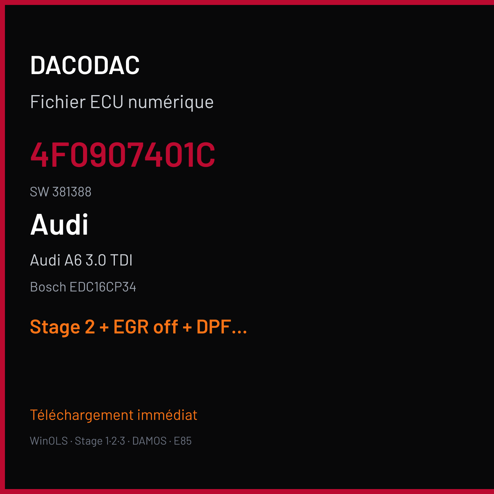 Audi A6 3.0 TDI — Bosch EDC16CP34 — 4F0907401C · 381388 — Stage 2 + EGR off + DPF off