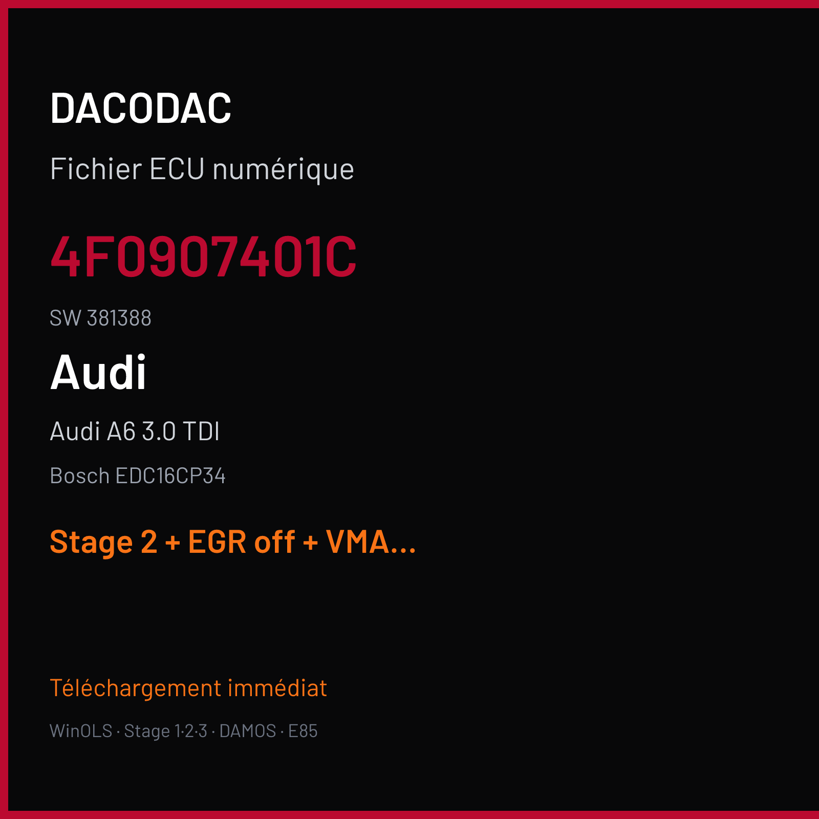 Audi A6 3.0 TDI — Bosch EDC16CP34 — 4F0907401C · 381388 — Stage 2 + EGR off + VMAX off