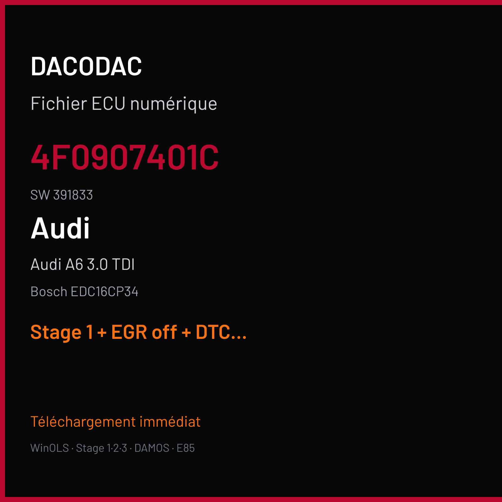 Audi A6 3.0 TDI (2008) — Bosch EDC16CP34 — 4F0907401C · 391833 — Stage 1 + EGR off + DTC off