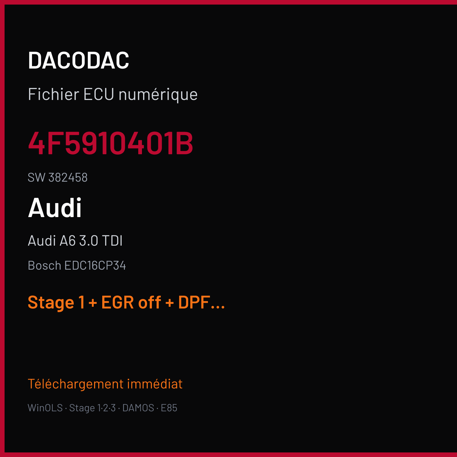 Audi A6 3.0 TDI (2008) — Bosch EDC16CP34 — 4F5910401B · 382458 — Stage 1 + EGR off + DPF off + VMAX off