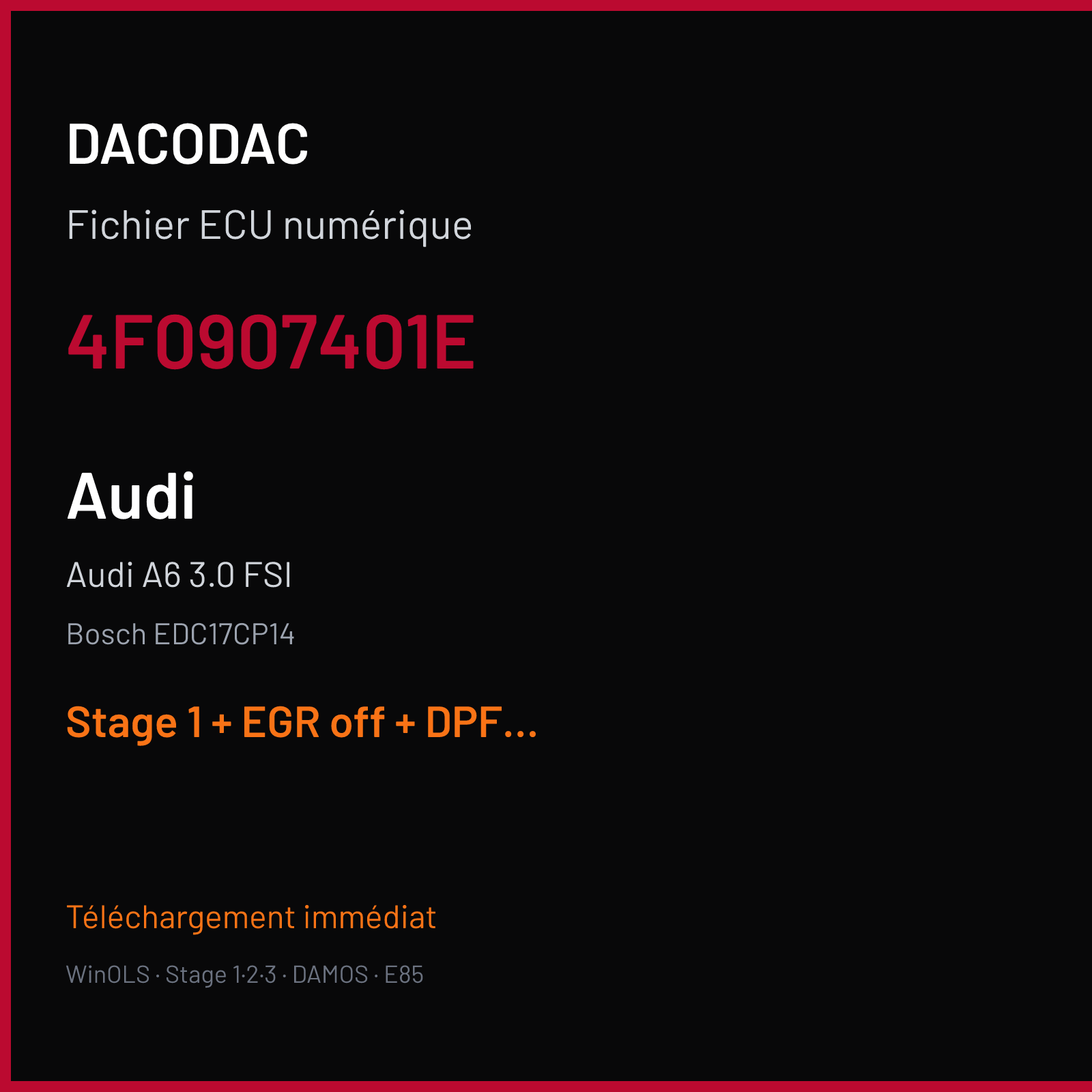 Audi A6 3.0 FSI (2012) — Bosch EDC17CP14 — 4F0907401E — Stage 1 + EGR off + DPF off + VMAX off