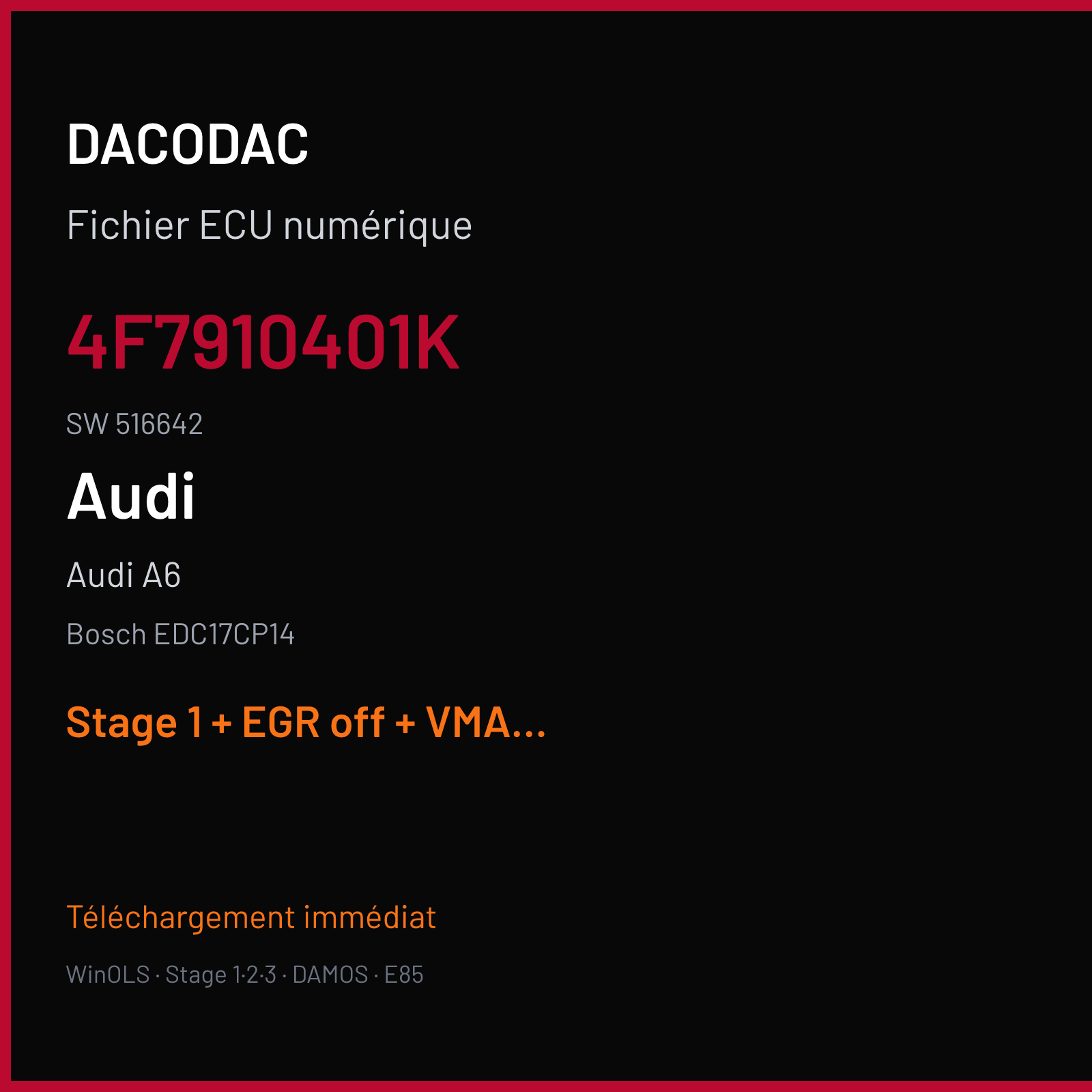 Audi A6 2.7 TDI (2010) — Bosch EDC17CP14 — 4F7910401K · 516642 — Stage 1 + EGR off + VMAX off