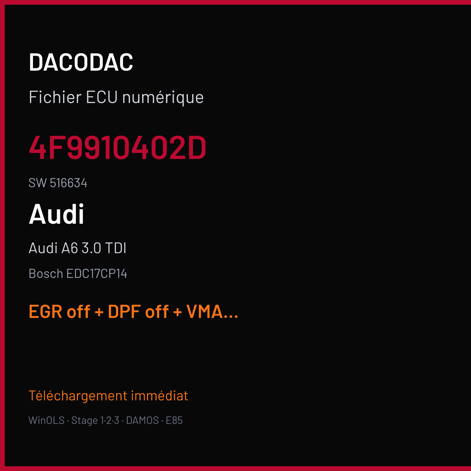 Audi A6 3.0 TDI (2012) — Bosch EDC17CP14 — 4F9910402D · 516634 — EGR off + DPF off + VMAX off