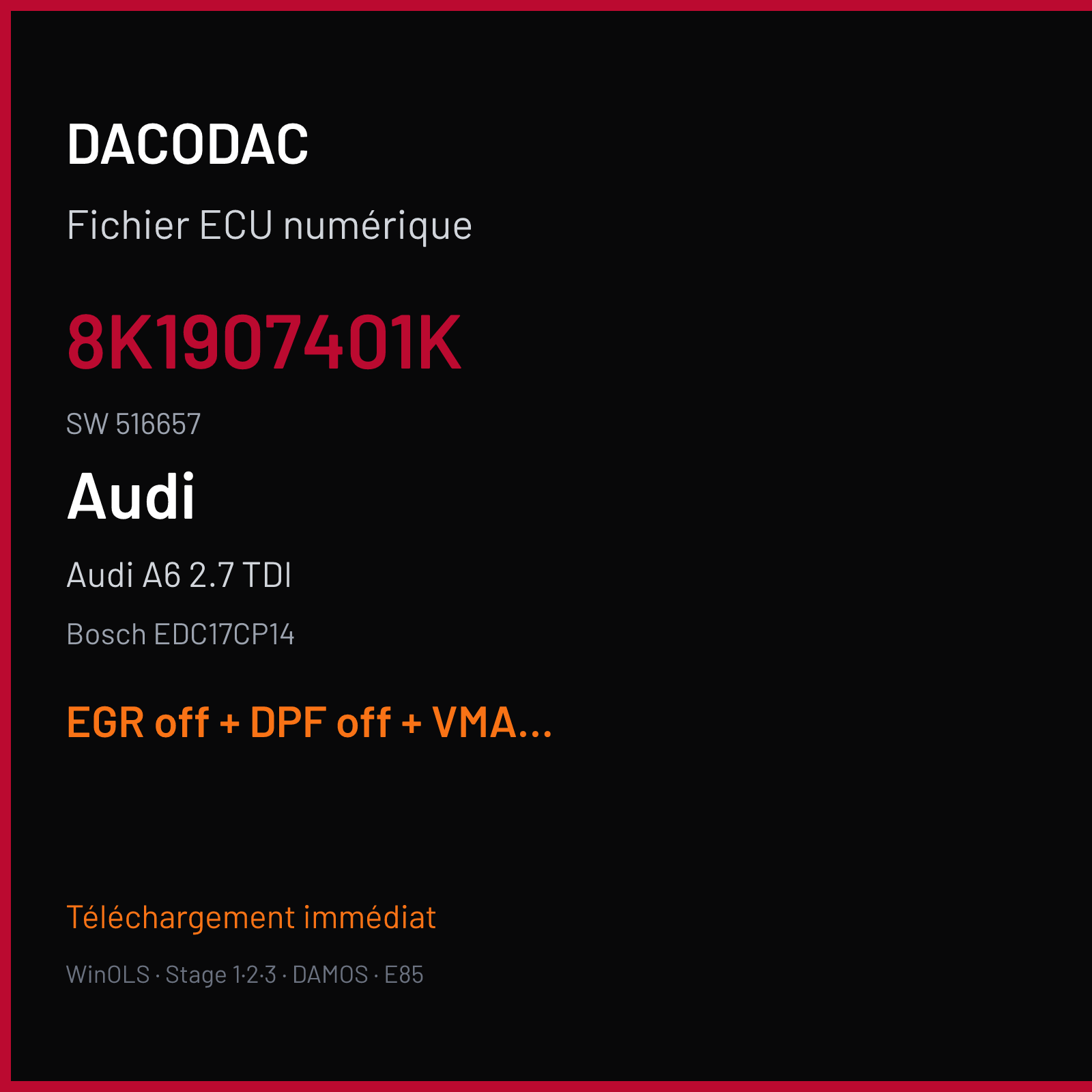 Audi A6 2.7 TDI — Bosch EDC17CP14 — 8K1907401K · 516657 — EGR off + DPF off + VMAX off
