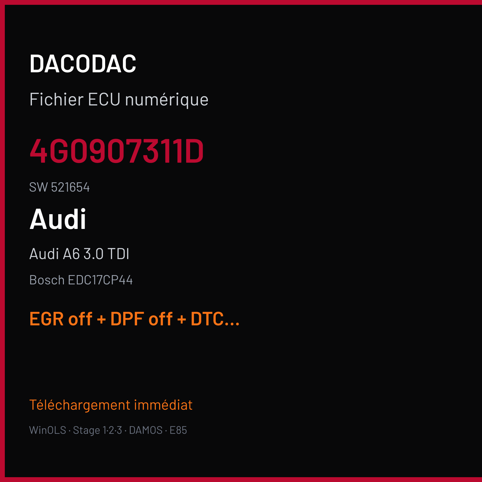 Audi A6 3.0 TDI (2012) — Bosch EDC17CP44 — 4G0907311D · 521654 — EGR off + DPF off + DTC off + VMAX off