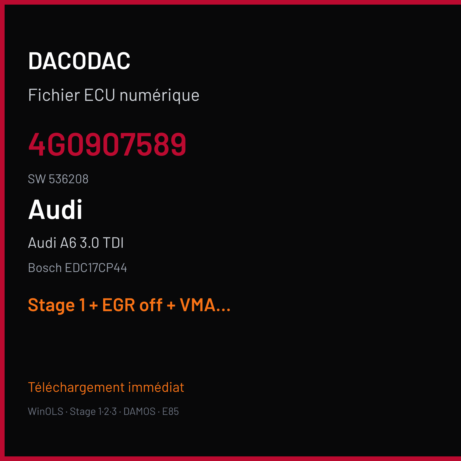 Audi A6 3.0 TDI (2015) — Bosch EDC17CP44 — 4G0907589 · 536208 — Stage 1 + EGR off + VMAX off