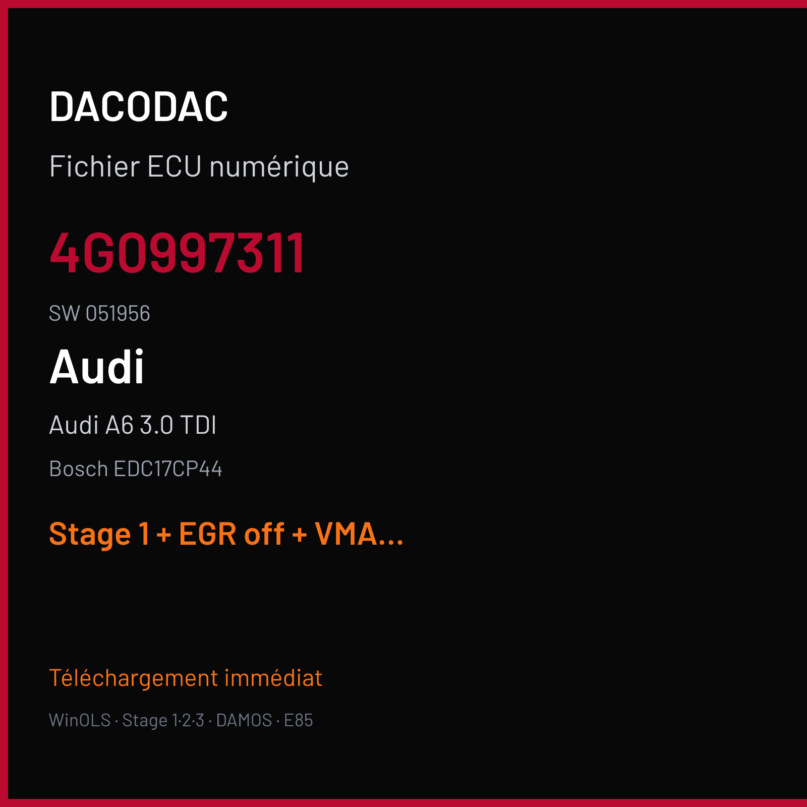Audi A6 3.0 TDI (2011) — Bosch EDC17CP44 — 4G0997311 · 051956 — Stage 1 + EGR off + VMAX off