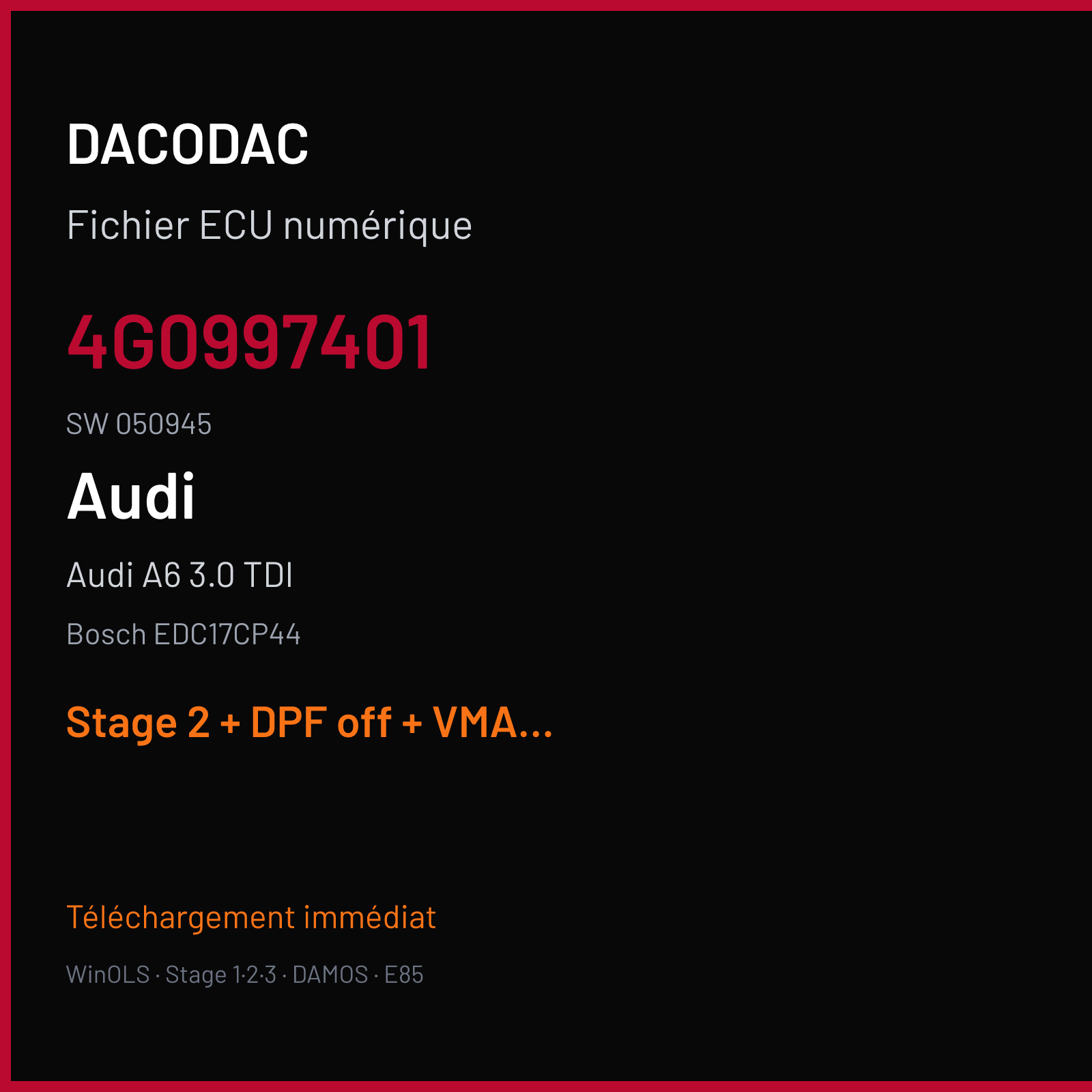 Audi A6 3.0 TDI (2011) — Bosch EDC17CP44 — 4G0997401 · 050945 — Stage 2 + DPF off + VMAX off