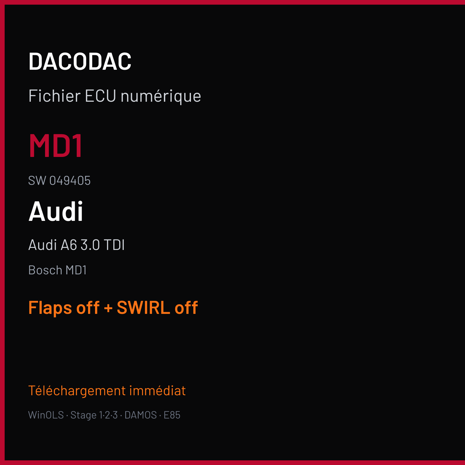 Audi A6 3.0 TDI (2019) — Bosch MD1 — MD1 · 049405 — Flaps off + SWIRL off