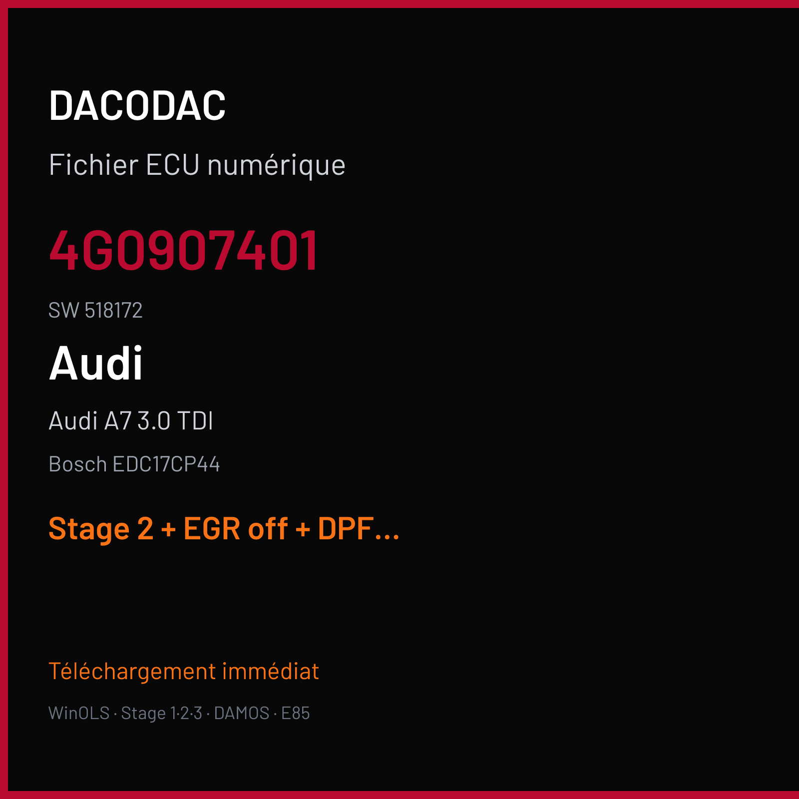 Audi A7 3.0 TDI — Bosch EDC17CP44 — 4G0907401 · 518172 — Stage 2 + EGR off + DPF off + VMAX off