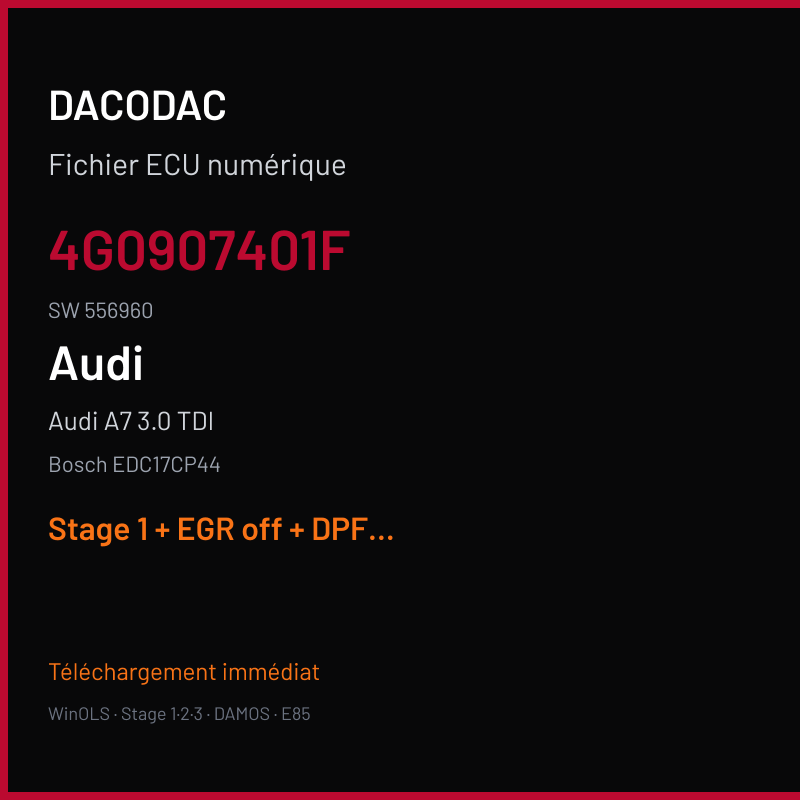 Audi A7 3.0 TDI (2015) — Bosch EDC17CP44 — 4G0907401F · 556960 — Stage 1 + EGR off + DPF off + VMAX off