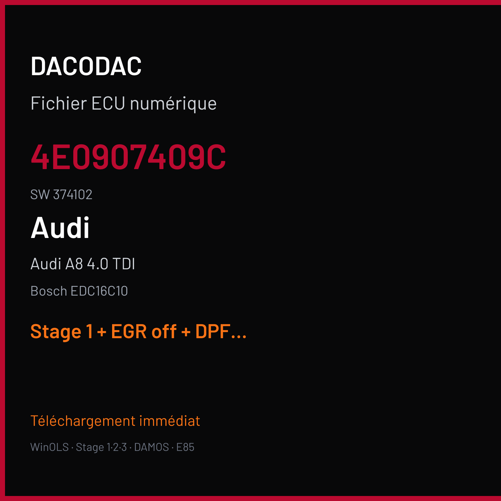 Audi A8 4.0 TDI (2004) — Bosch EDC16C10 — 4E0907409C · 374102 — Stage 1 + EGR off + DPF off + VMAX off
