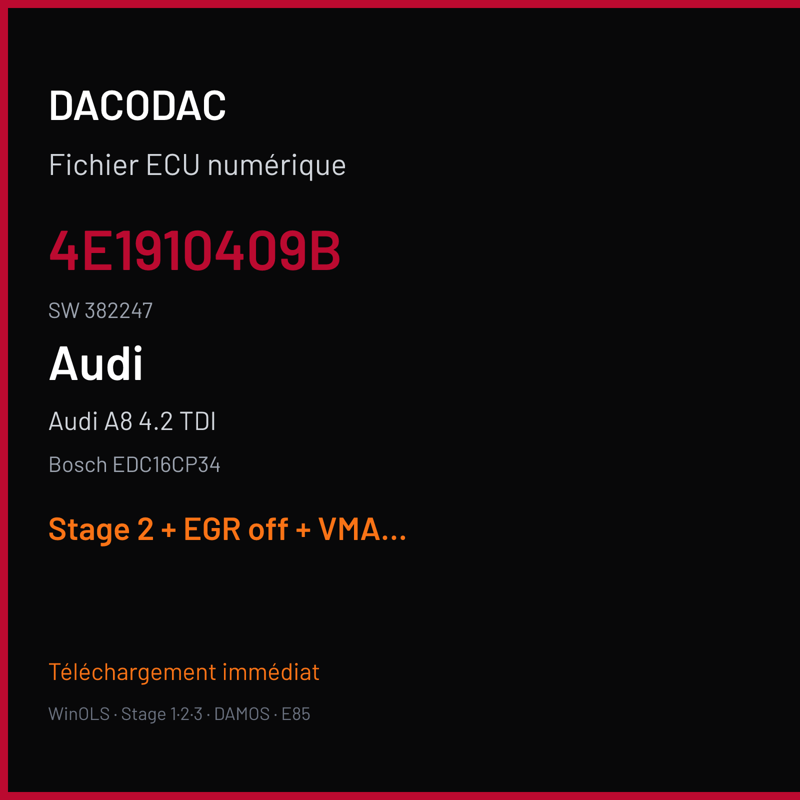Audi A8 4.2 TDI (2006) — Bosch EDC16CP34 — 4E1910409B · 382247 — Stage 2 + EGR off + VMAX off