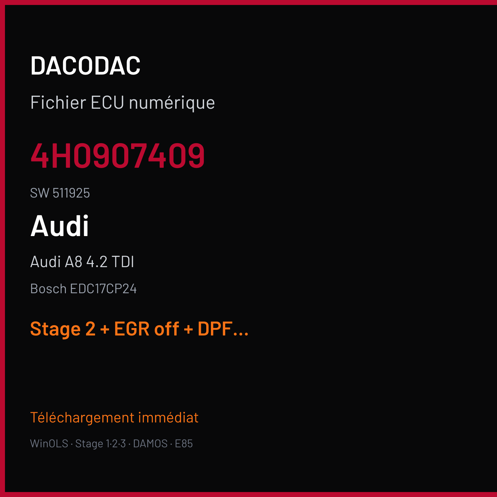 Audi A8 4.2 TDI (2010) — Bosch EDC17CP24 — 4H0907409 · 511925 — Stage 2 + EGR off + DPF off + VMAX off