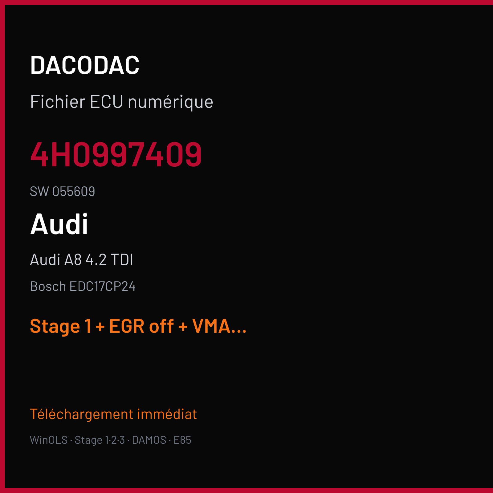 Audi A8 4.2 TDI (2011) — Bosch EDC17CP24 — 4H0997409 · 055609 — Stage 1 + EGR off + VMAX off