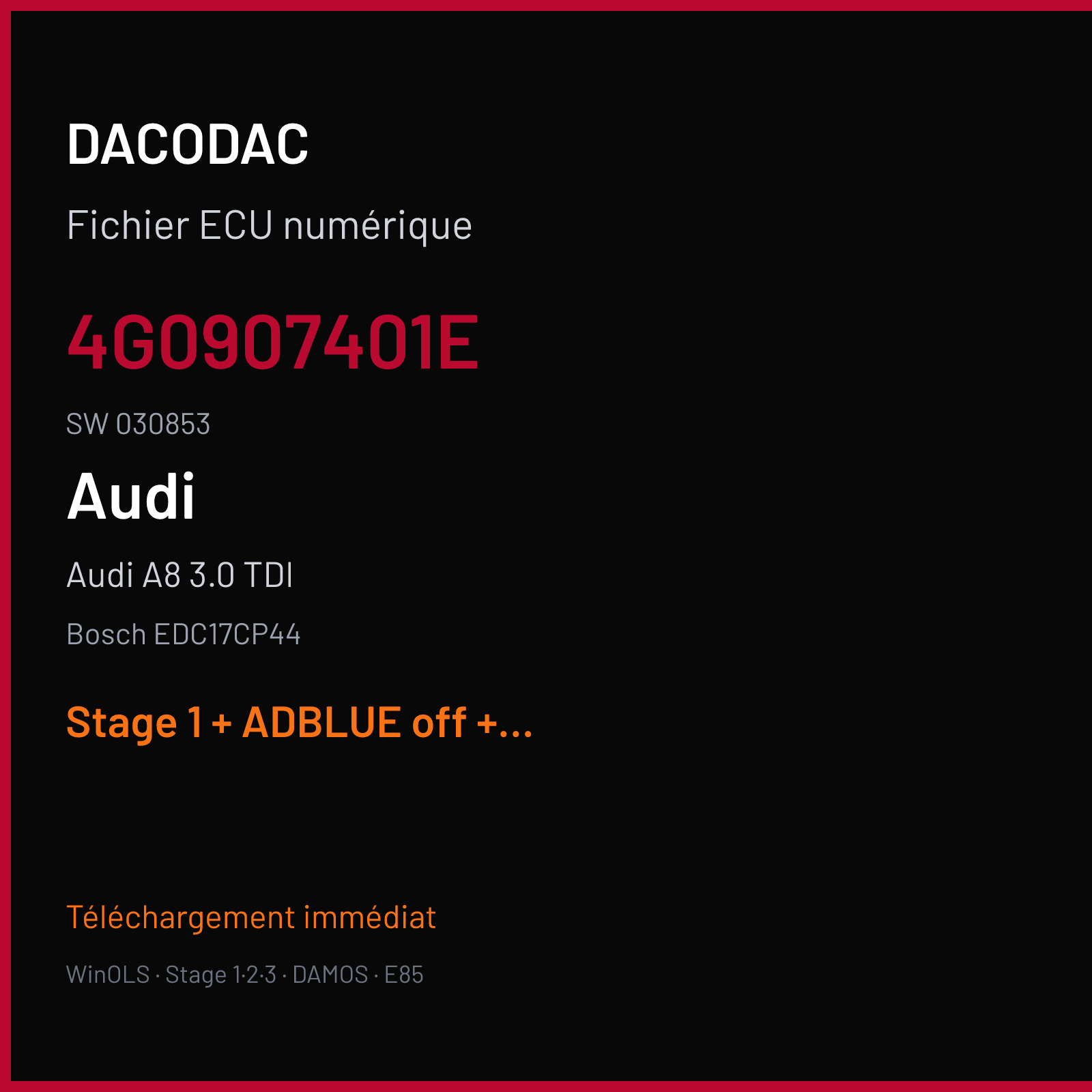 Audi A8 3.0 TDI (2017) — Bosch EDC17CP44 — 4G0907401E · 030853 — Stage 1 + ADBLUE off + VMAX off