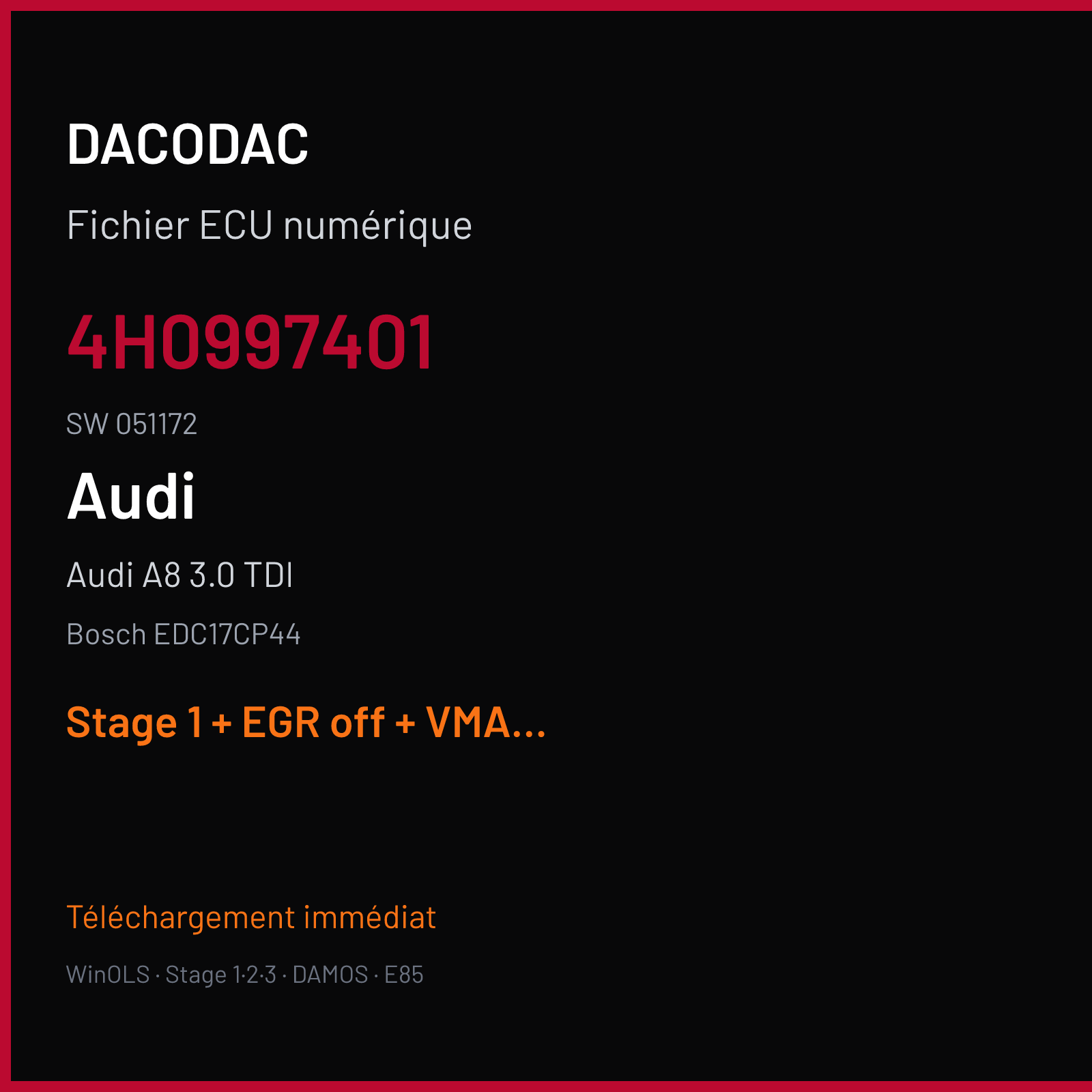 Audi A8 3.0 TDI (2011) — Bosch EDC17CP44 — 4H0997401 · 051172 — Stage 1 + EGR off + VMAX off