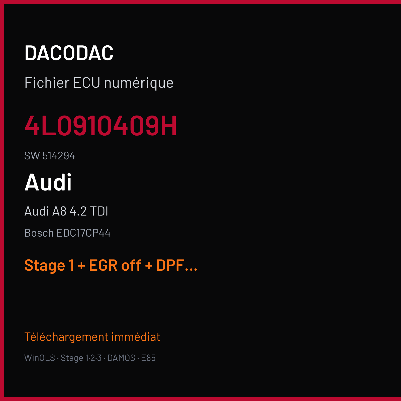 Audi A8 4.2 TDI — Bosch EDC17CP44 — 4L0910409H · 514294 — Stage 1 + EGR off + DPF off + VMAX off