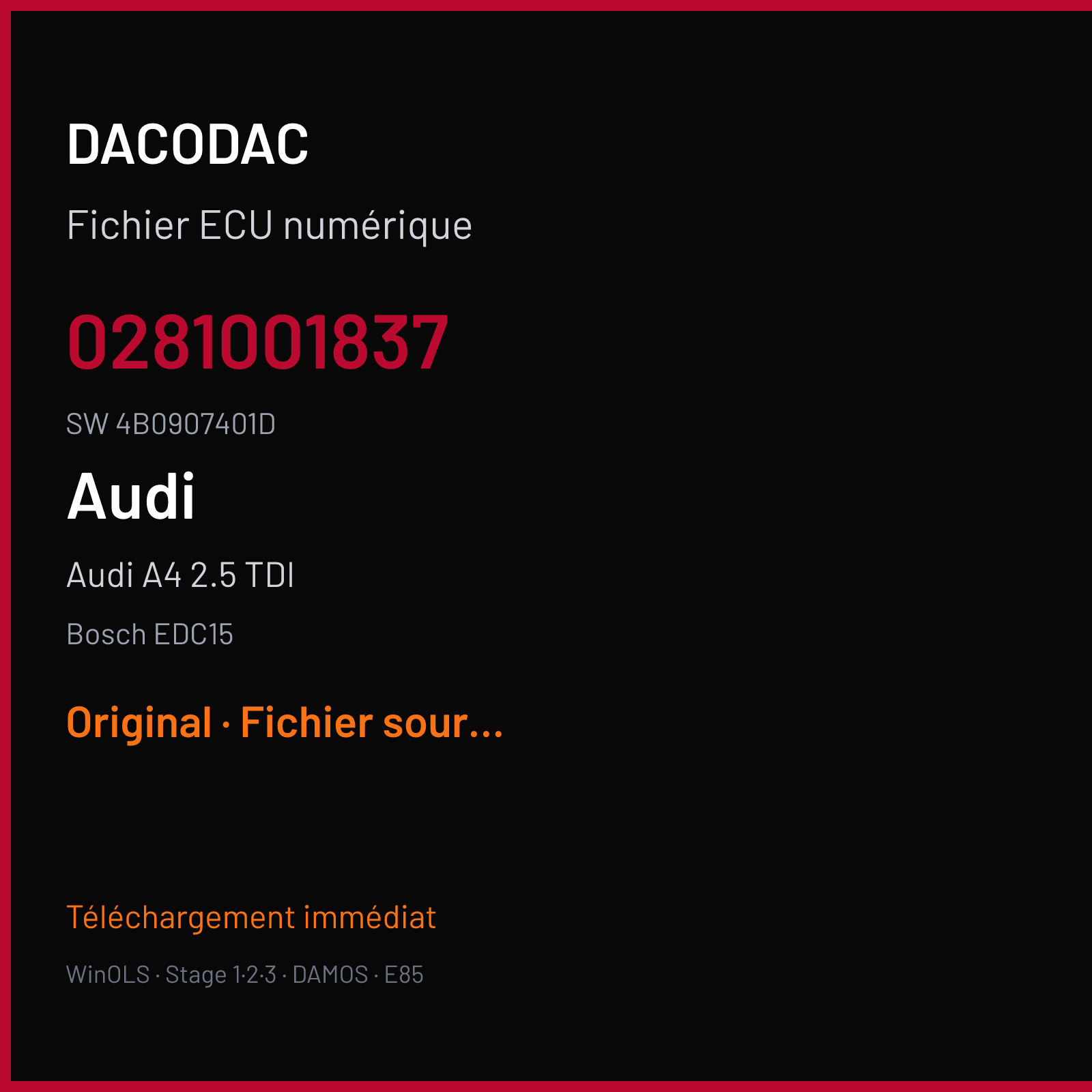 Audi A4 2.5 TDI (2001) — Bosch EDC15 — 0281001837 · 4B0907401D — Original