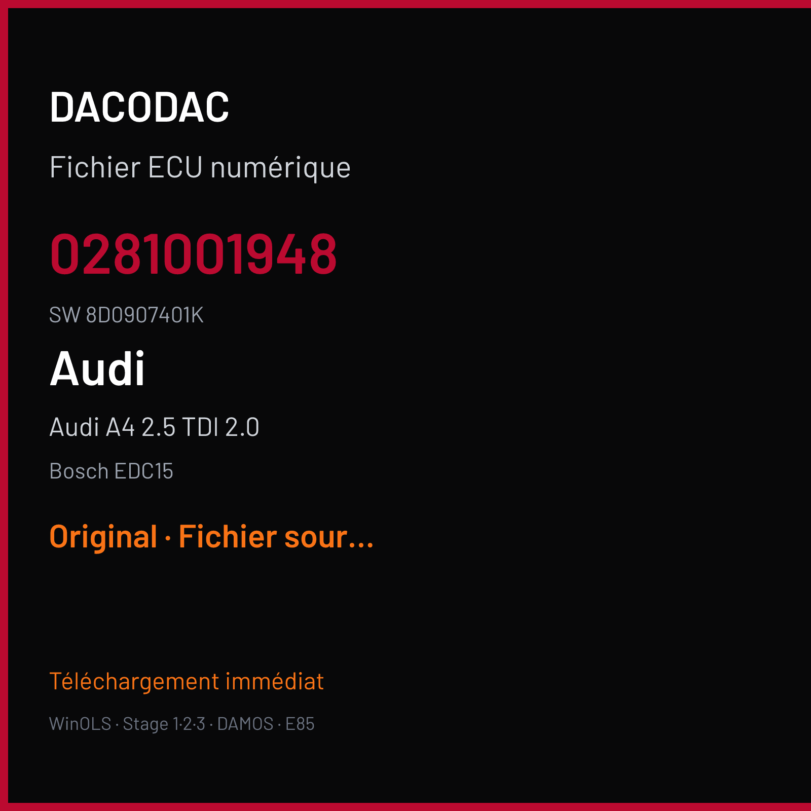 Audi A4 2.5 TDI 2.0 — Bosch EDC15 — 0281001948 · 8D0907401K — Original