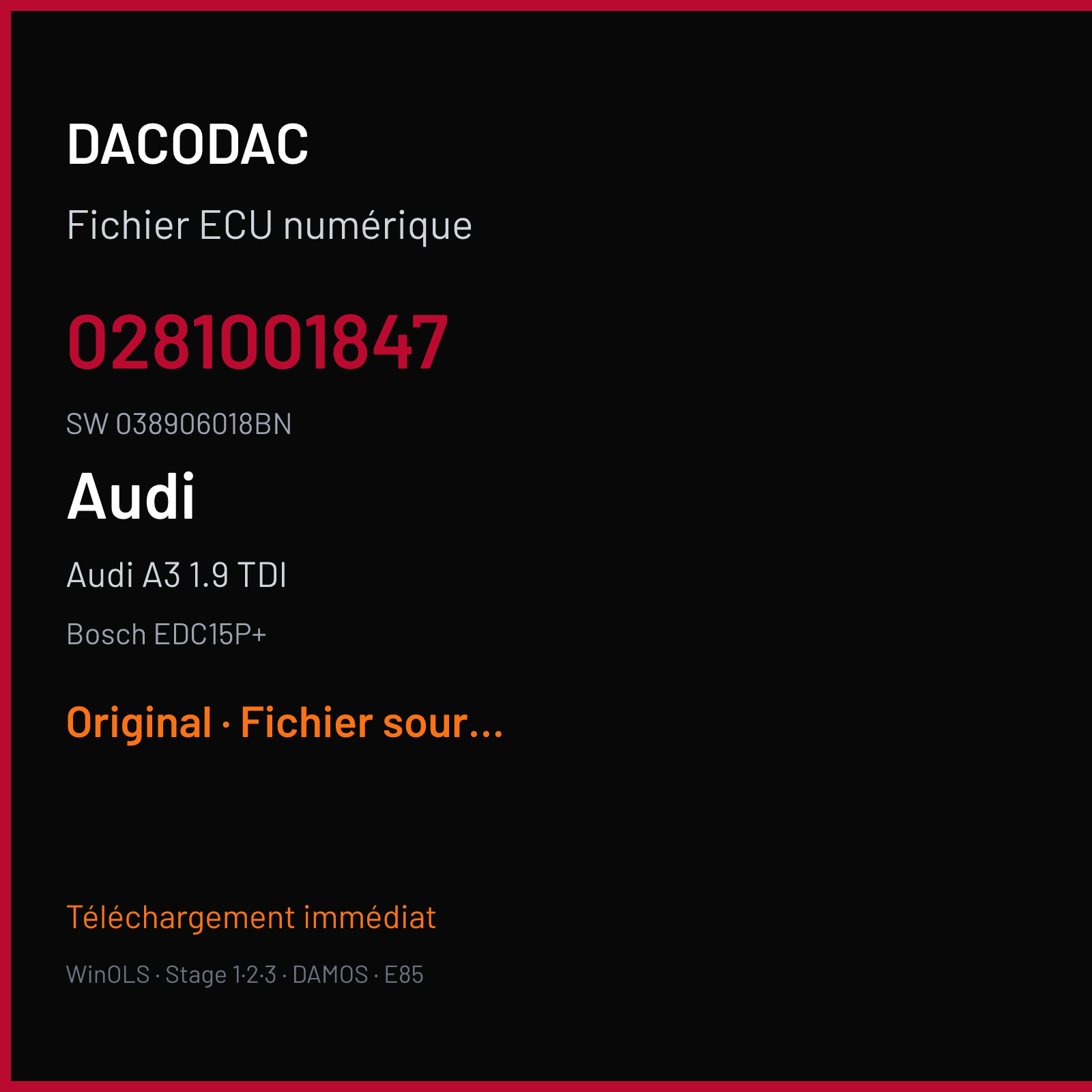 Audi A3 1.9 TDI 90 ch (2000) — Bosch EDC15P+ — 0281001847 · 038906018BN — Original