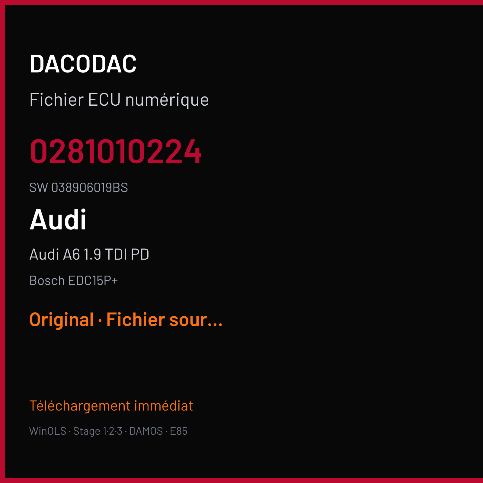 Audi A6 1.9 TDI PD (2002) — Bosch EDC15P+ — 0281010224 · 038906019BS — Original
