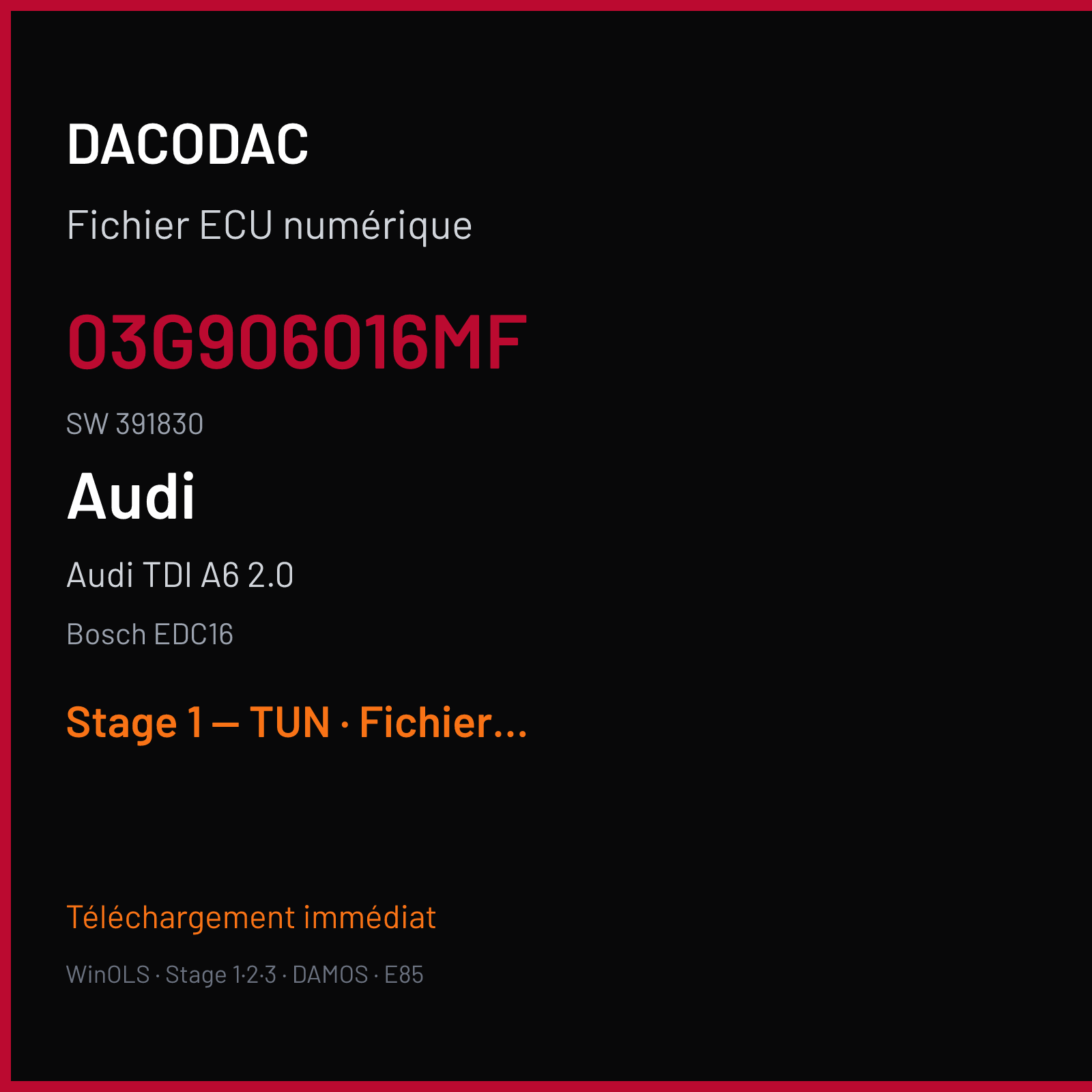Audi TDI A6 2.0 (2008) — Bosch EDC16 — 03G906016MF · 391830 — Stage 1 — TUN