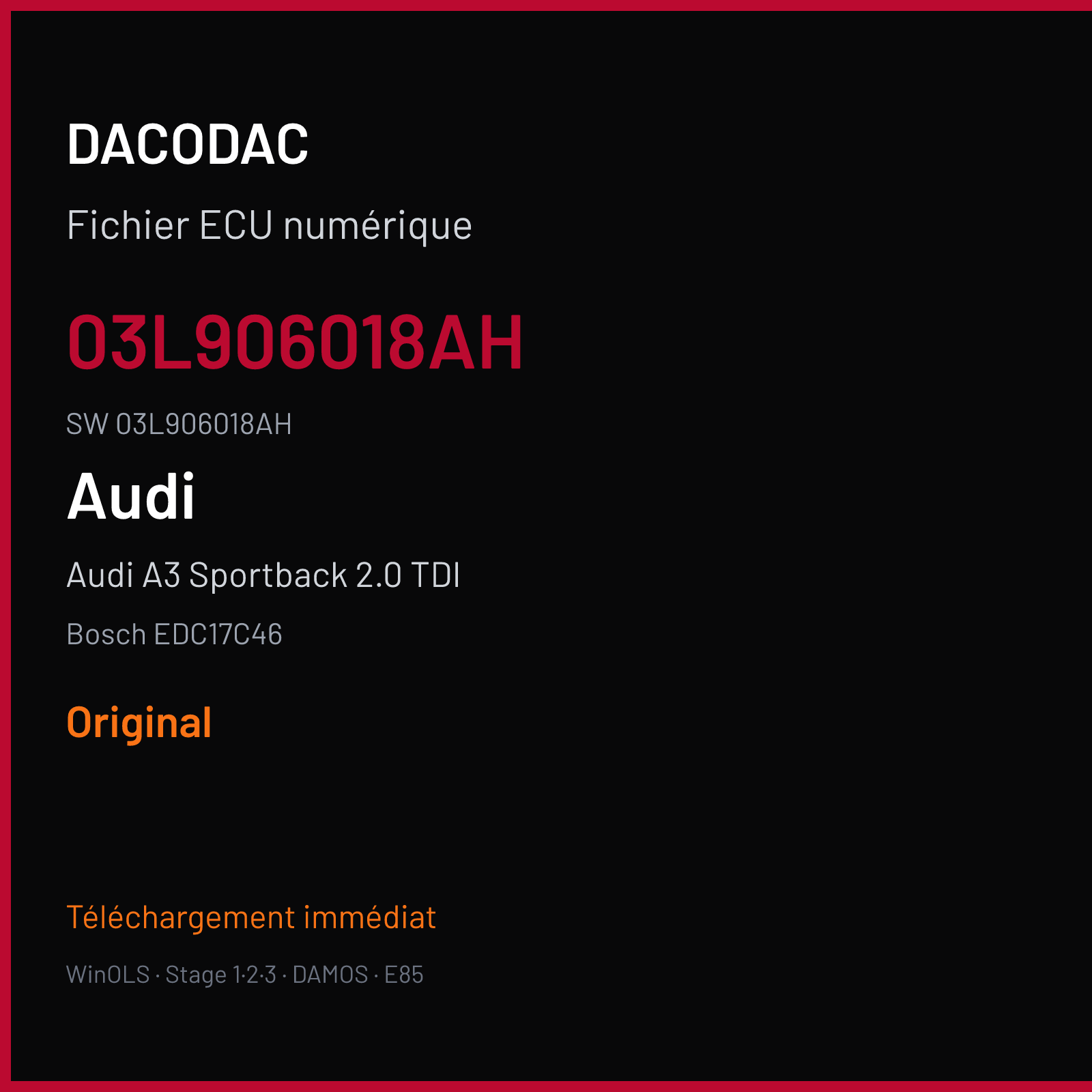 Audi A3 Sportback 2.0 TDI 140 ch (2010) — Bosch EDC17C46 — 03L906018AH · 03L906018AH · 561806 — Original