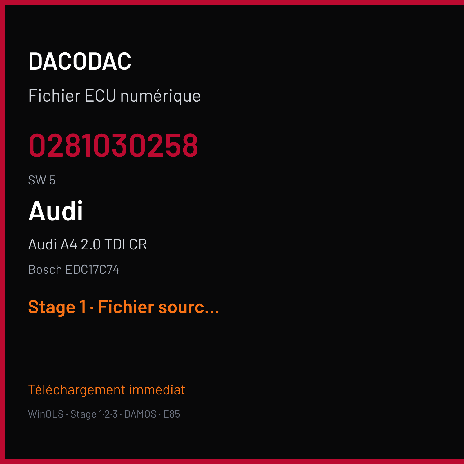 Audi A4 2.0 TDI CR 190 ch (2018) — Bosch EDC17C74 — 0281030258 · 5 · 6906 6907 038455 — Stage 1