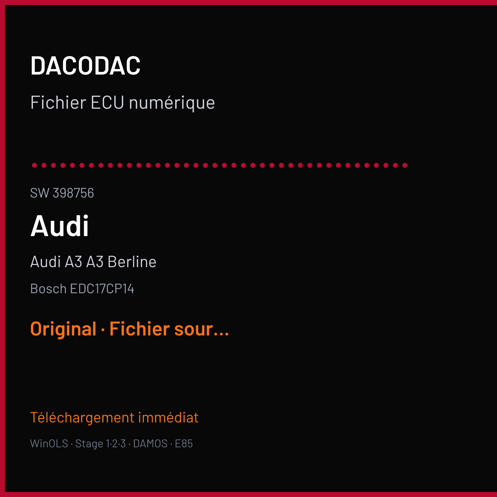 Audi A3 A3 Berline (2009) — Bosch EDC17CP14 — ........................................ · 398756 — Original
