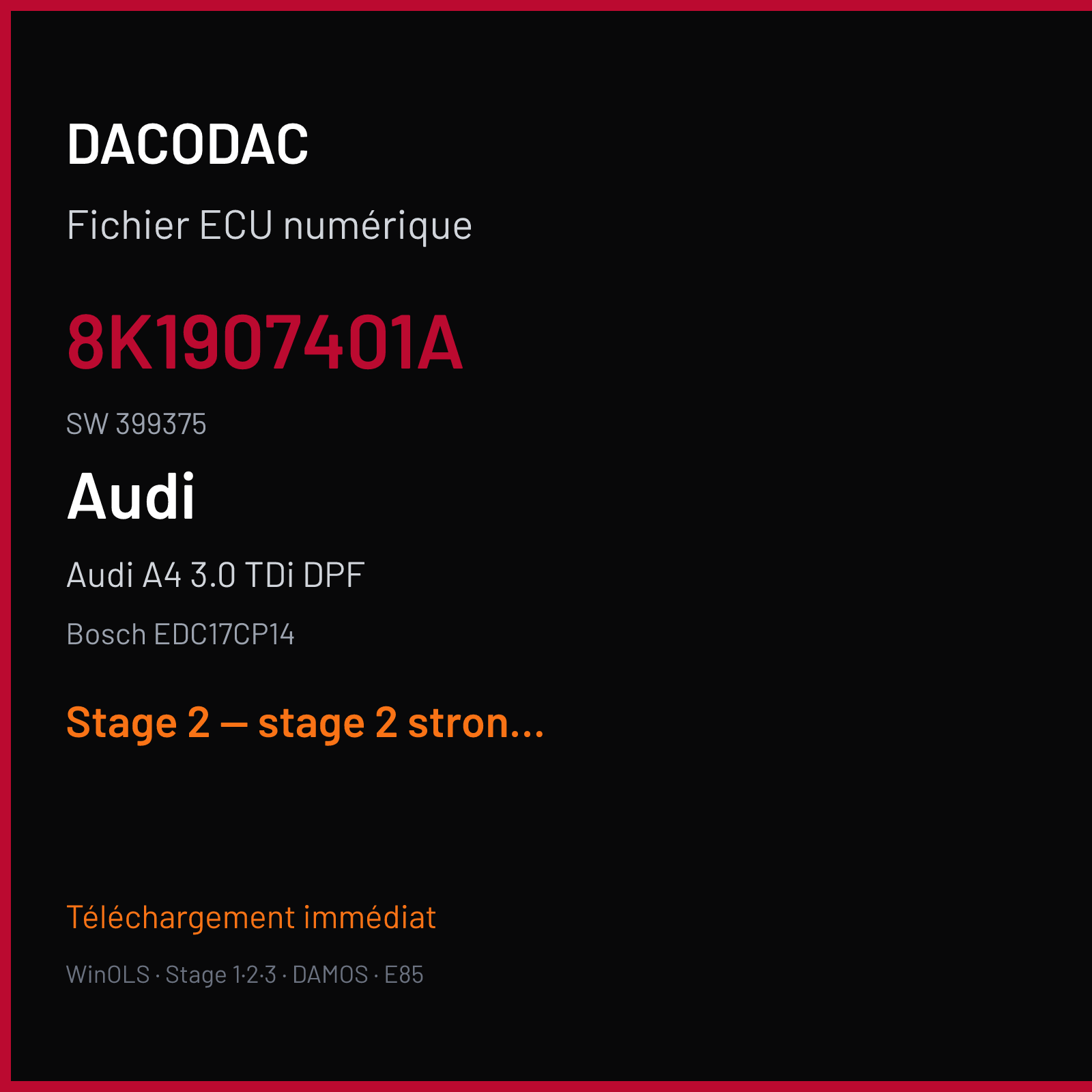 Audi A4 3.0 TDi DPF (2010) — Bosch EDC17CP14 — 8K1907401A · 399375 — Stage 2 — stage 2 strong for jd special request too strong for most cars