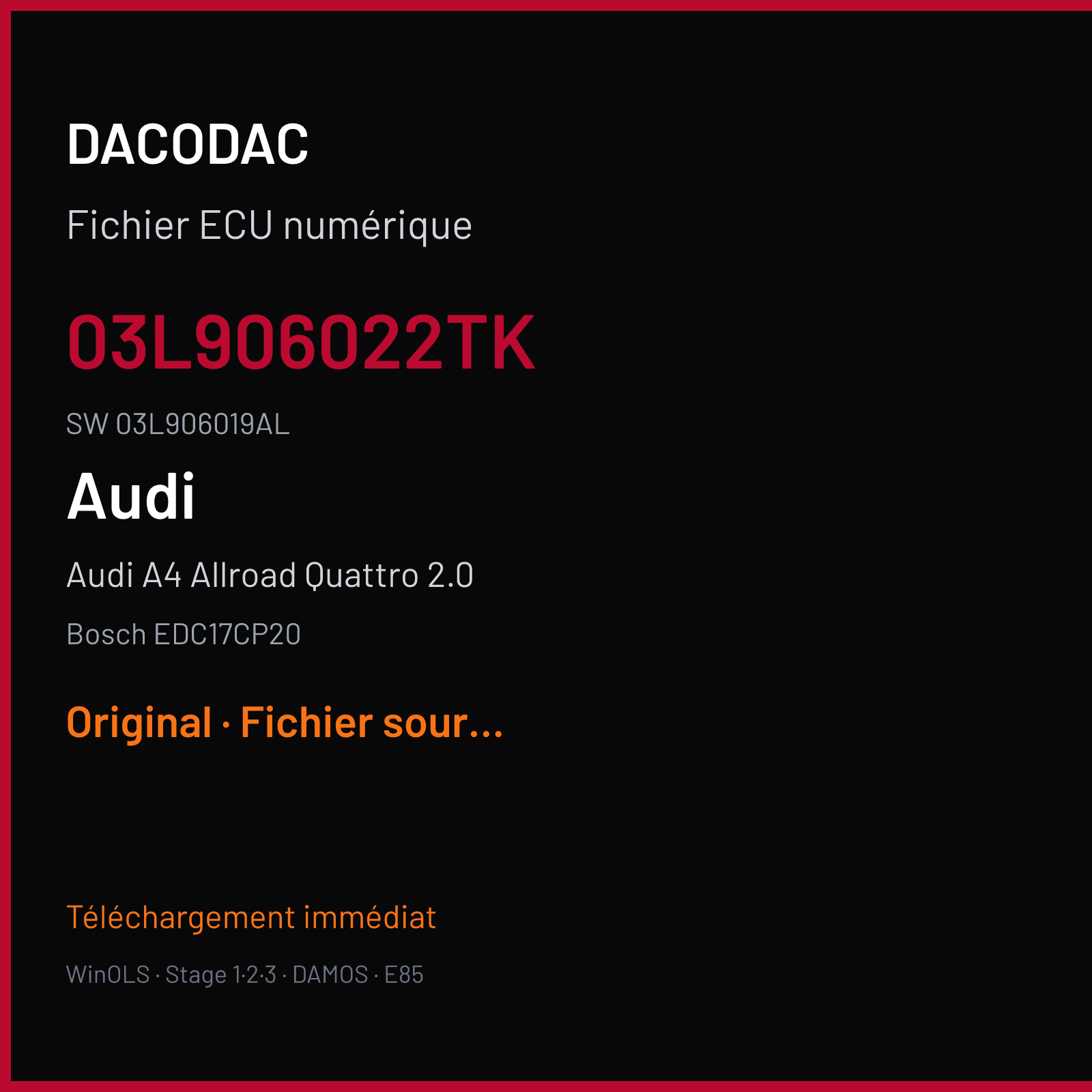 Audi A4 Allroad Quattro 2.0 170 ch (2010) — Bosch EDC17CP20 — 03L906022TK · 03L906019AL · 505953 — Original