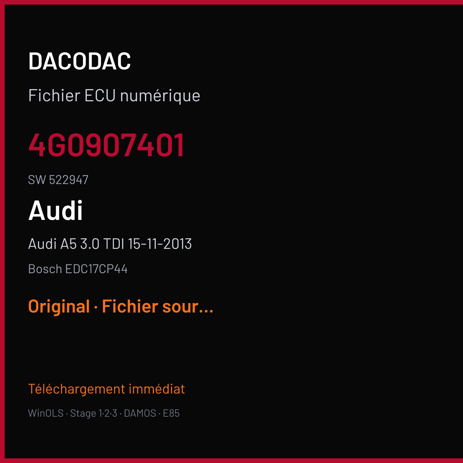 Audi A5 3.0 TDI 15-11-2013 — Bosch EDC17CP44 — 4G0907401 · 522947 — Original