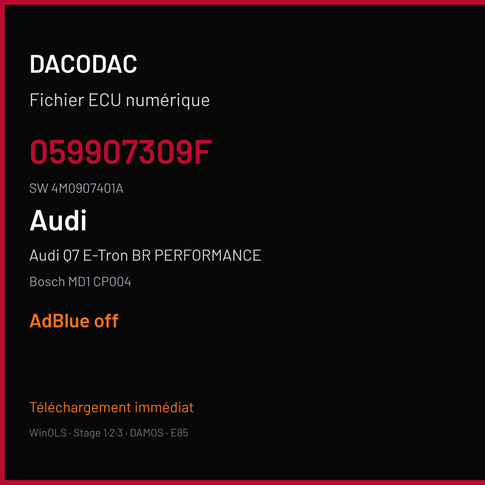 Audi Q7 E-Tron BR PERFORMANCE 361 ch (2020) — Bosch MD1 CP004 — 059907309F · 4M0907401A · 021054 — ADBLUE off